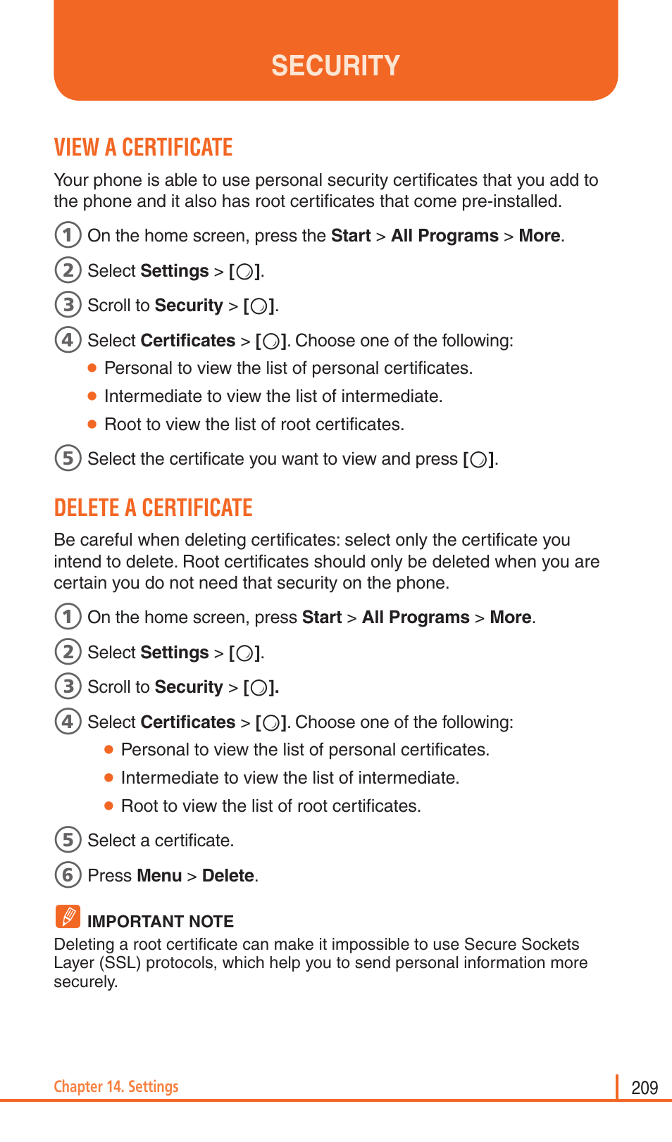 Security, View a certificate, Delete a certificate | Pantech Matrix Pro User Manual | Page 211 / 261