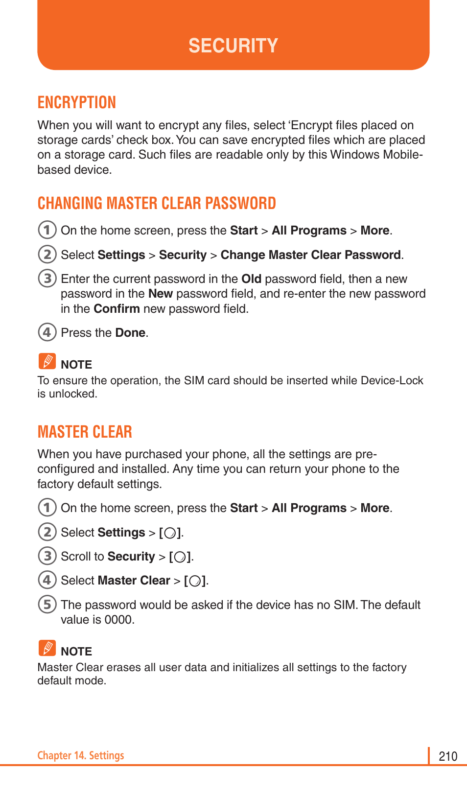 Security, Encryption, Changing master clear password | Master clear | Pantech Matrix Pro User Manual | Page 212 / 261