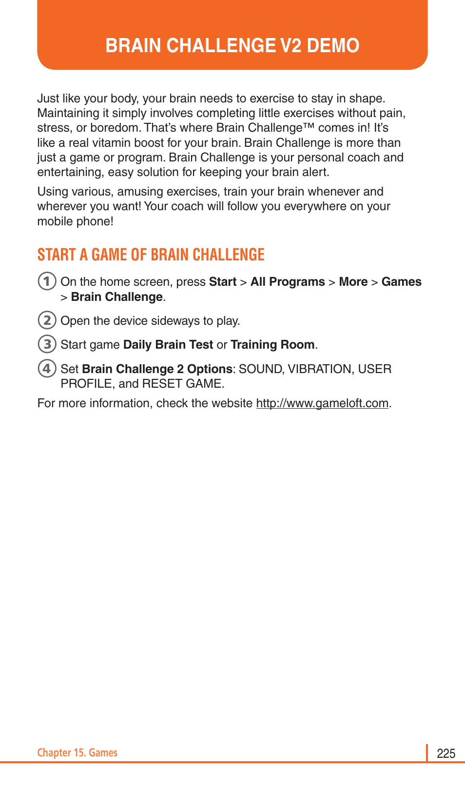 Brain challenge v2 demo, Start a game of brain challenge | Pantech Matrix Pro User Manual | Page 227 / 261