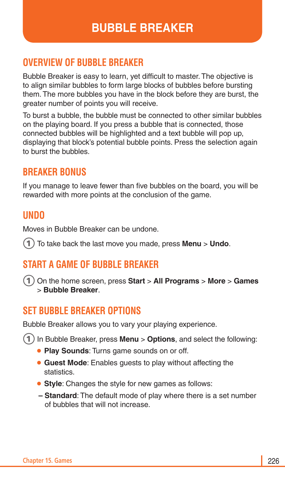 Bubble breaker, Overview of bubble breaker, Breaker bonus | Undo, Start a game of bubble breaker, Set bubble breaker options | Pantech Matrix Pro User Manual | Page 228 / 261