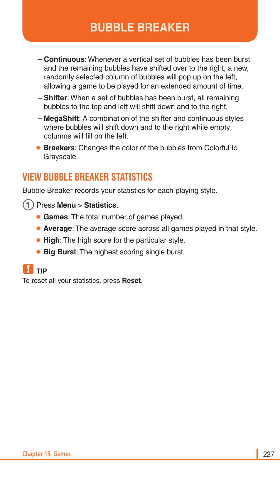 Bubble breaker, View bubble breaker statistics | Pantech Matrix Pro User Manual | Page 229 / 261