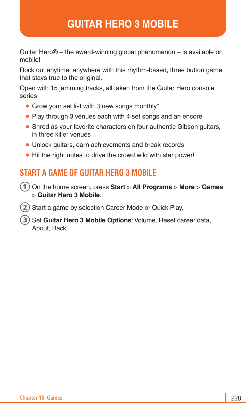 Guitar hero 3 mobile, Start a game of guitar hero 3 mobile | Pantech Matrix Pro User Manual | Page 230 / 261
