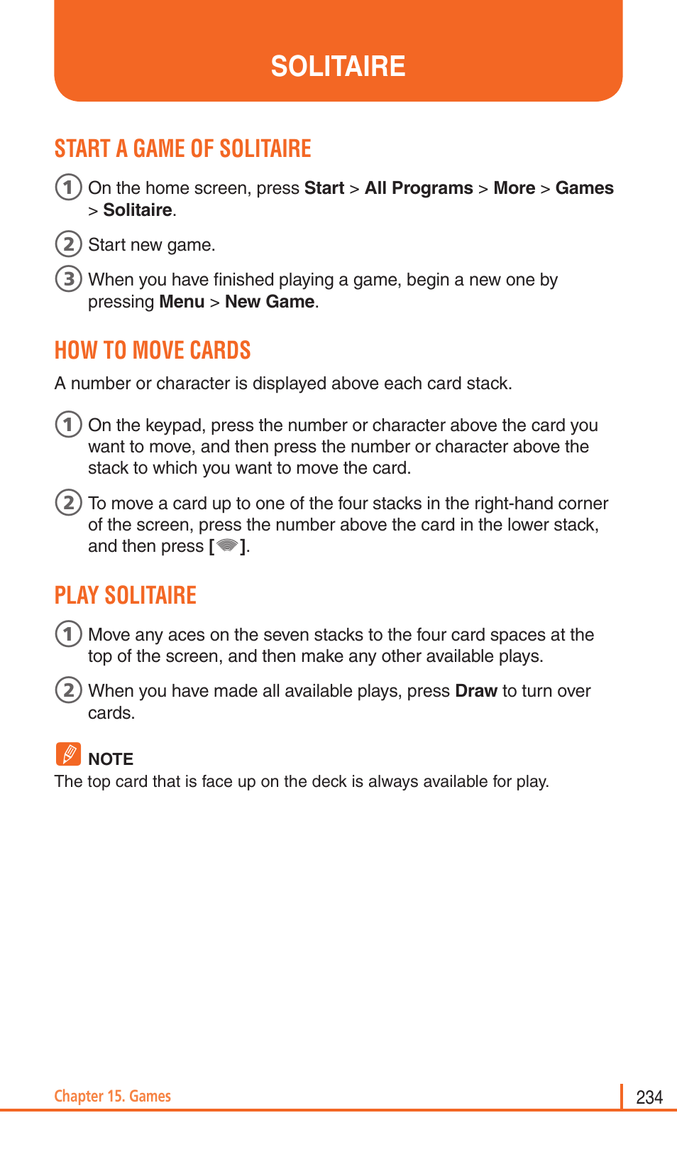 Solitaire, Start a game of solitaire, How to move cards | Play solitaire | Pantech Matrix Pro User Manual | Page 236 / 261