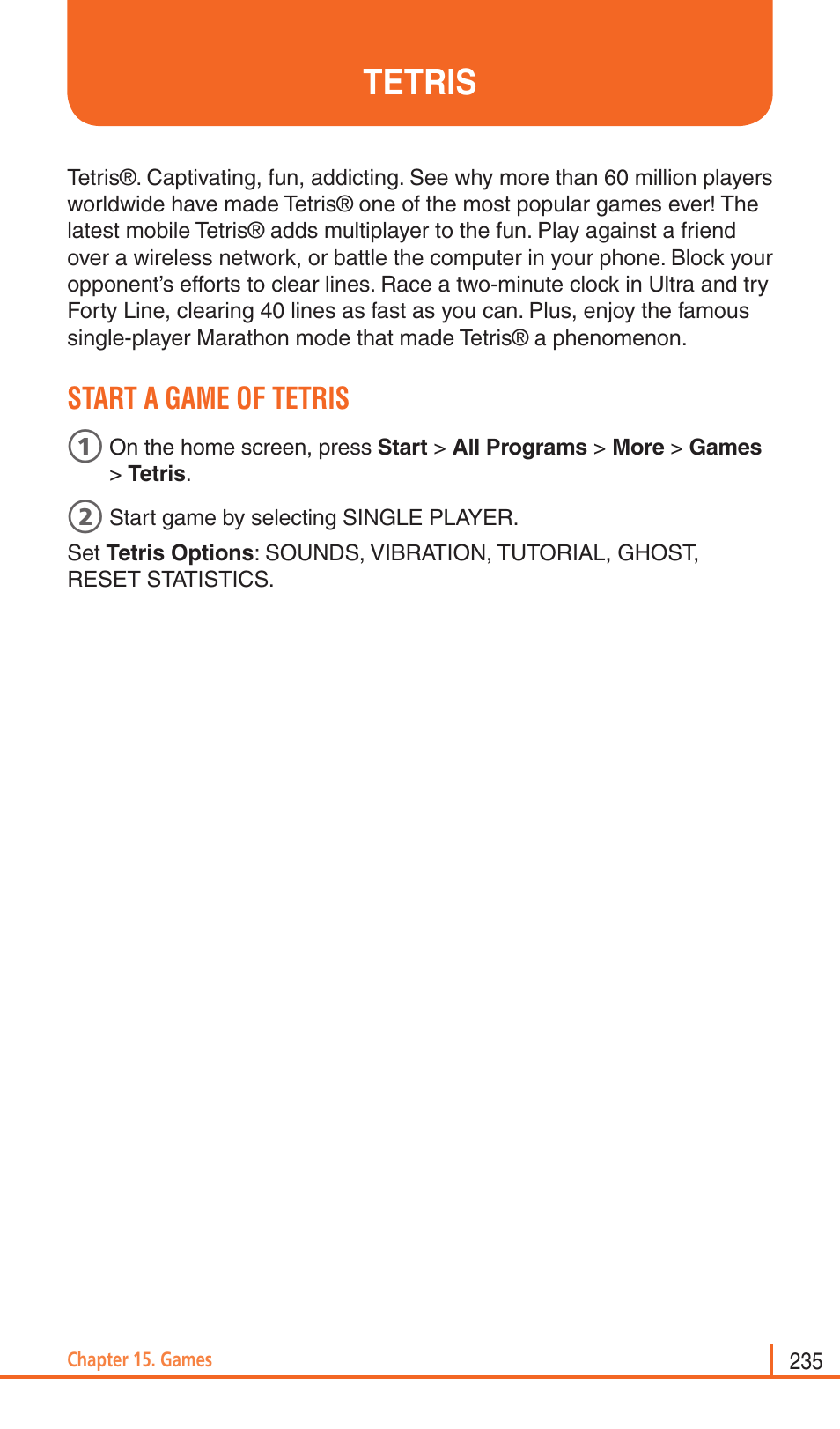 Tetris, Start a game of tetris | Pantech Matrix Pro User Manual | Page 237 / 261