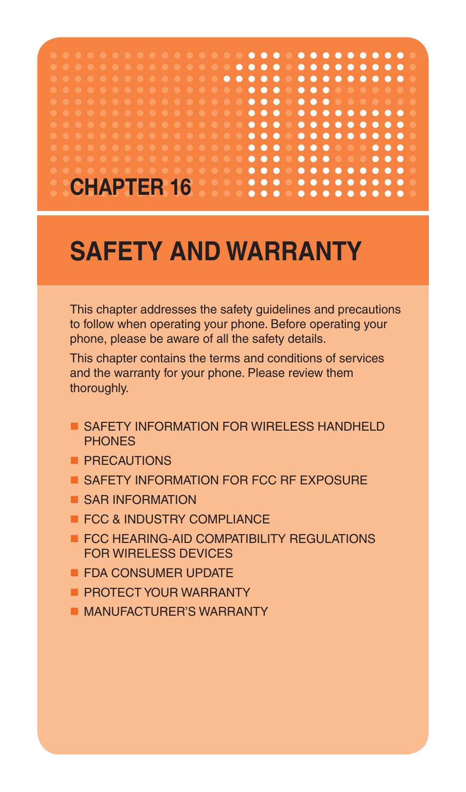 Safety and warranty, Chapter 16 | Pantech Matrix Pro User Manual | Page 238 / 261