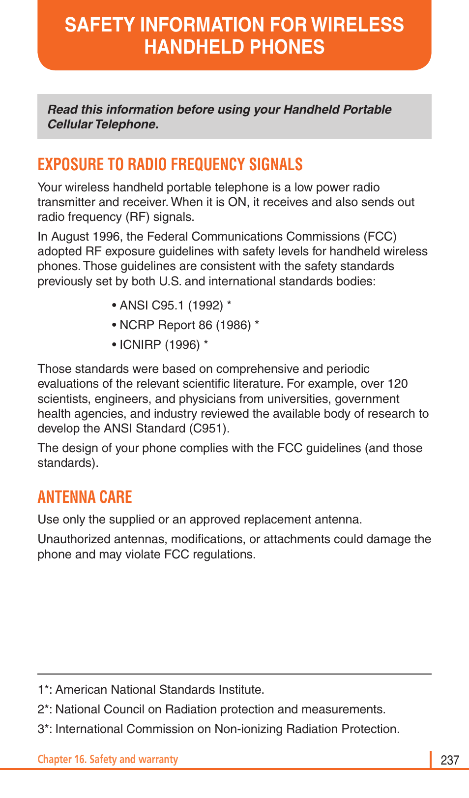 Safety information for wireless handheld phones, Exposure to radio frequency signals, Antenna care | Pantech Matrix Pro User Manual | Page 239 / 261