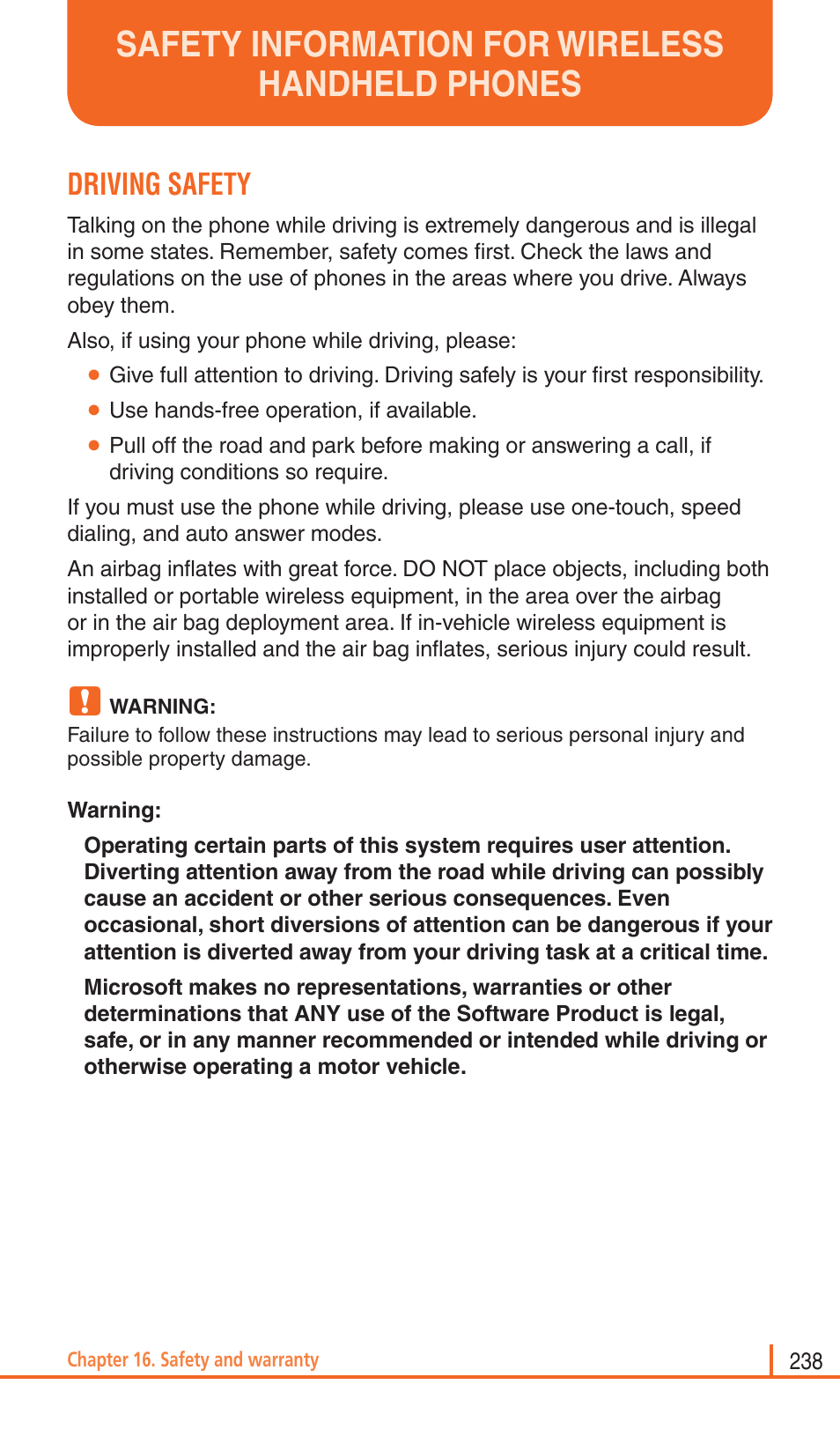 Safety information for wireless handheld phones, Driving safety | Pantech Matrix Pro User Manual | Page 240 / 261