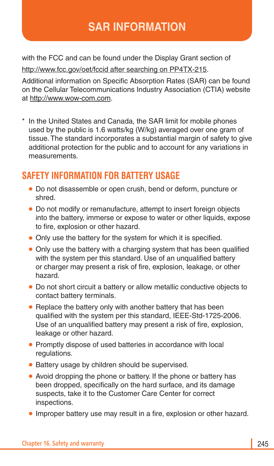 Sar information, Safety information for battery usage | Pantech Matrix Pro User Manual | Page 247 / 261