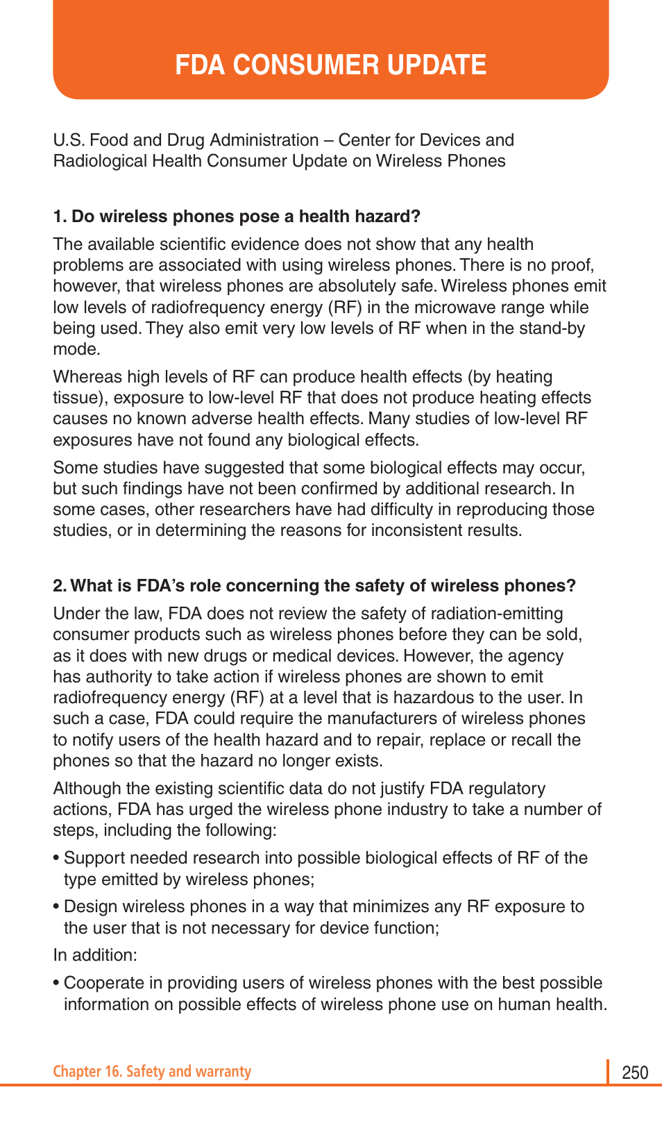 Fda consumer update | Pantech Matrix Pro User Manual | Page 252 / 261