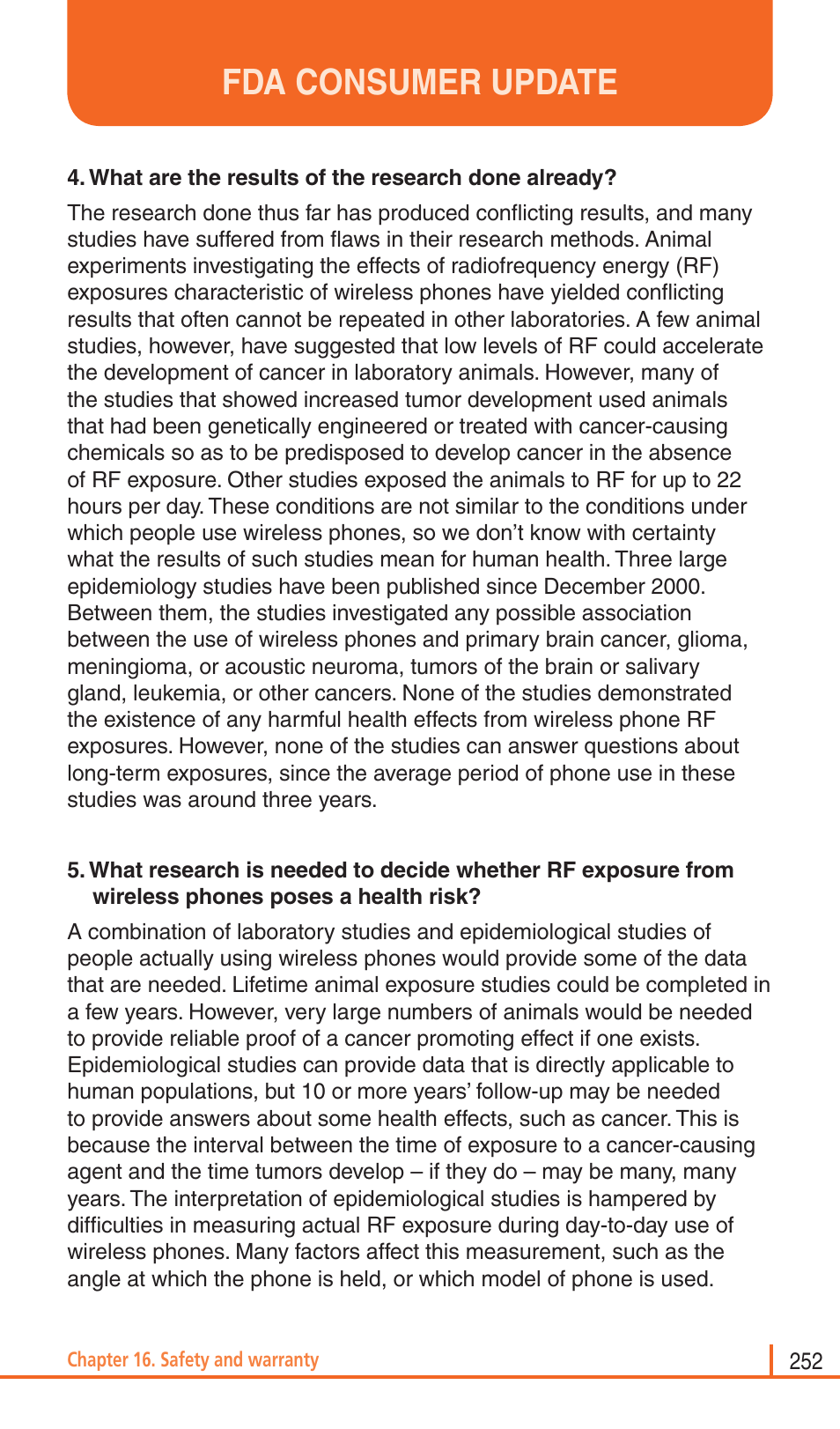 Fda consumer update | Pantech Matrix Pro User Manual | Page 254 / 261