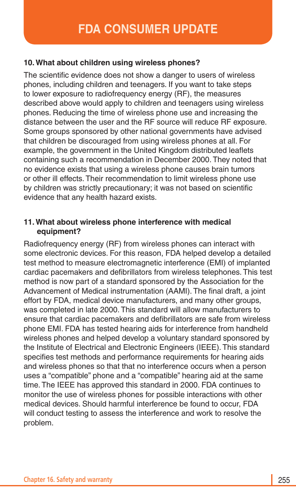 Fda consumer update | Pantech Matrix Pro User Manual | Page 257 / 261
