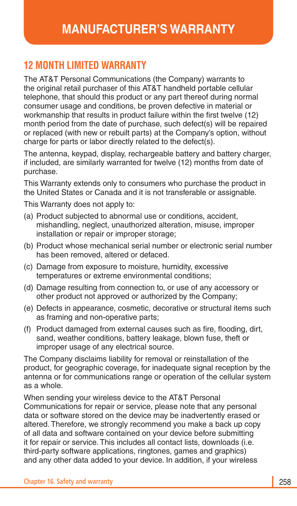 Manufacturer’s warranty, 12 month limited warranty | Pantech Matrix Pro User Manual | Page 260 / 261