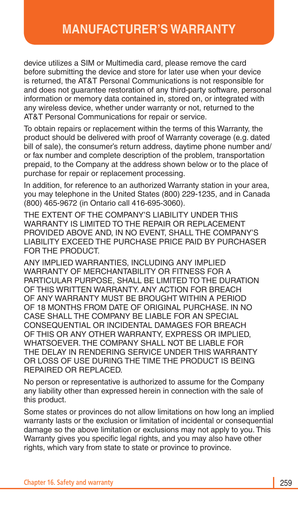 Manufacturer’s warranty | Pantech Matrix Pro User Manual | Page 261 / 261