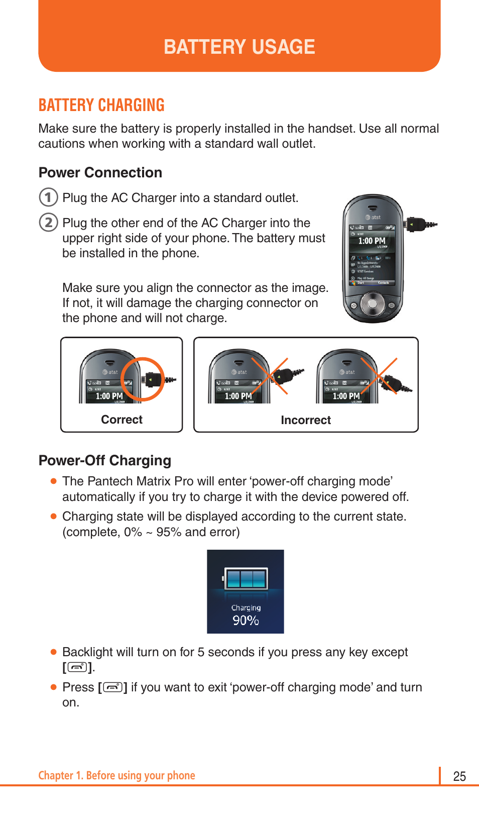 Battery usage, Battery charging | Pantech Matrix Pro User Manual | Page 27 / 261