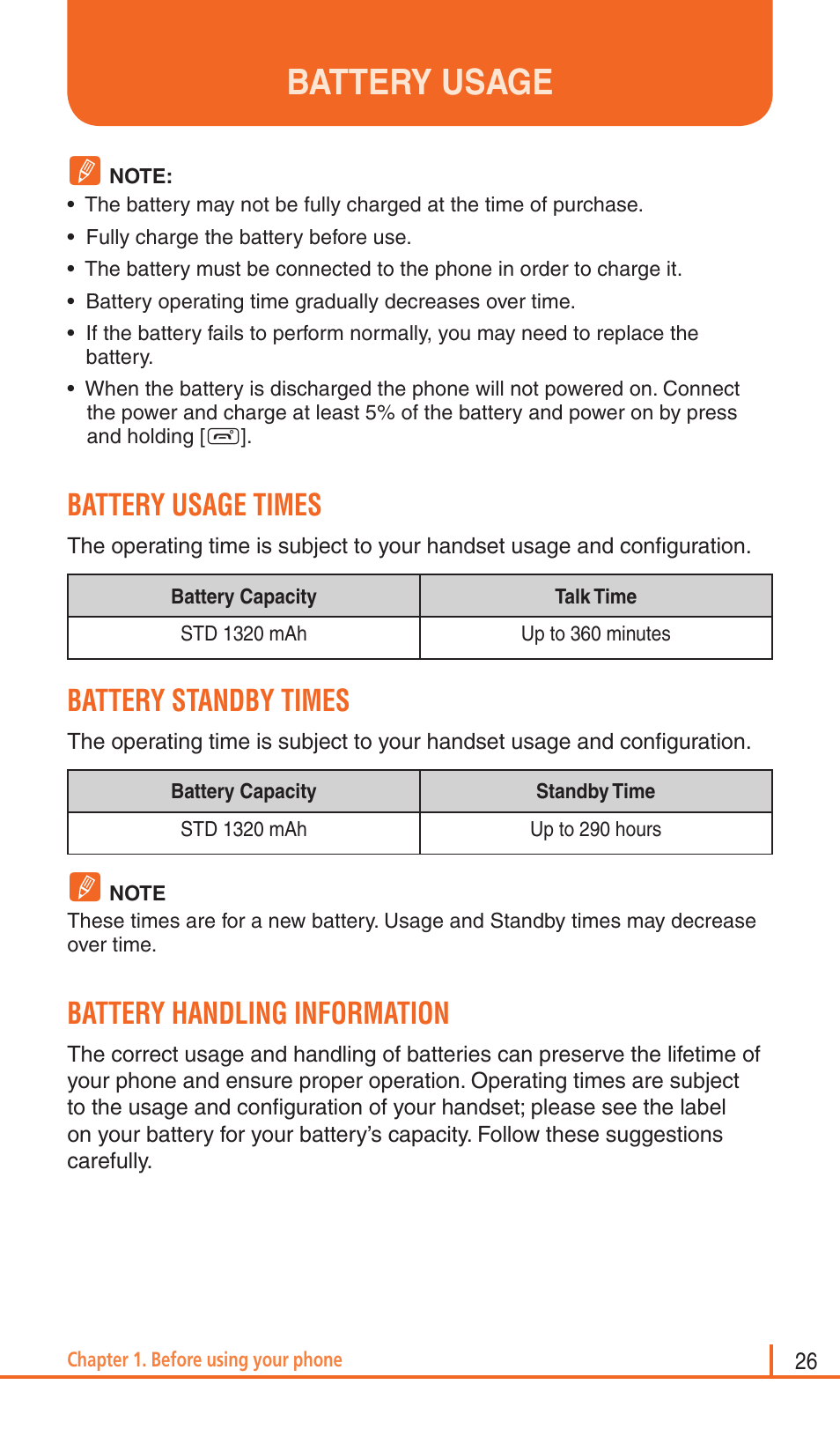 Battery usage, Battery usage times, Battery standby times | Battery handling information | Pantech Matrix Pro User Manual | Page 28 / 261