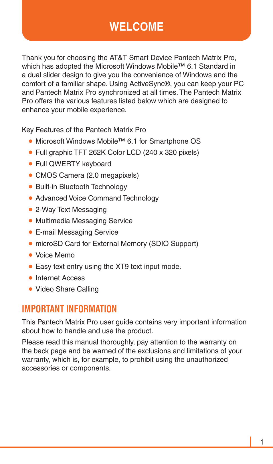 Welcome | Pantech Matrix Pro User Manual | Page 3 / 261