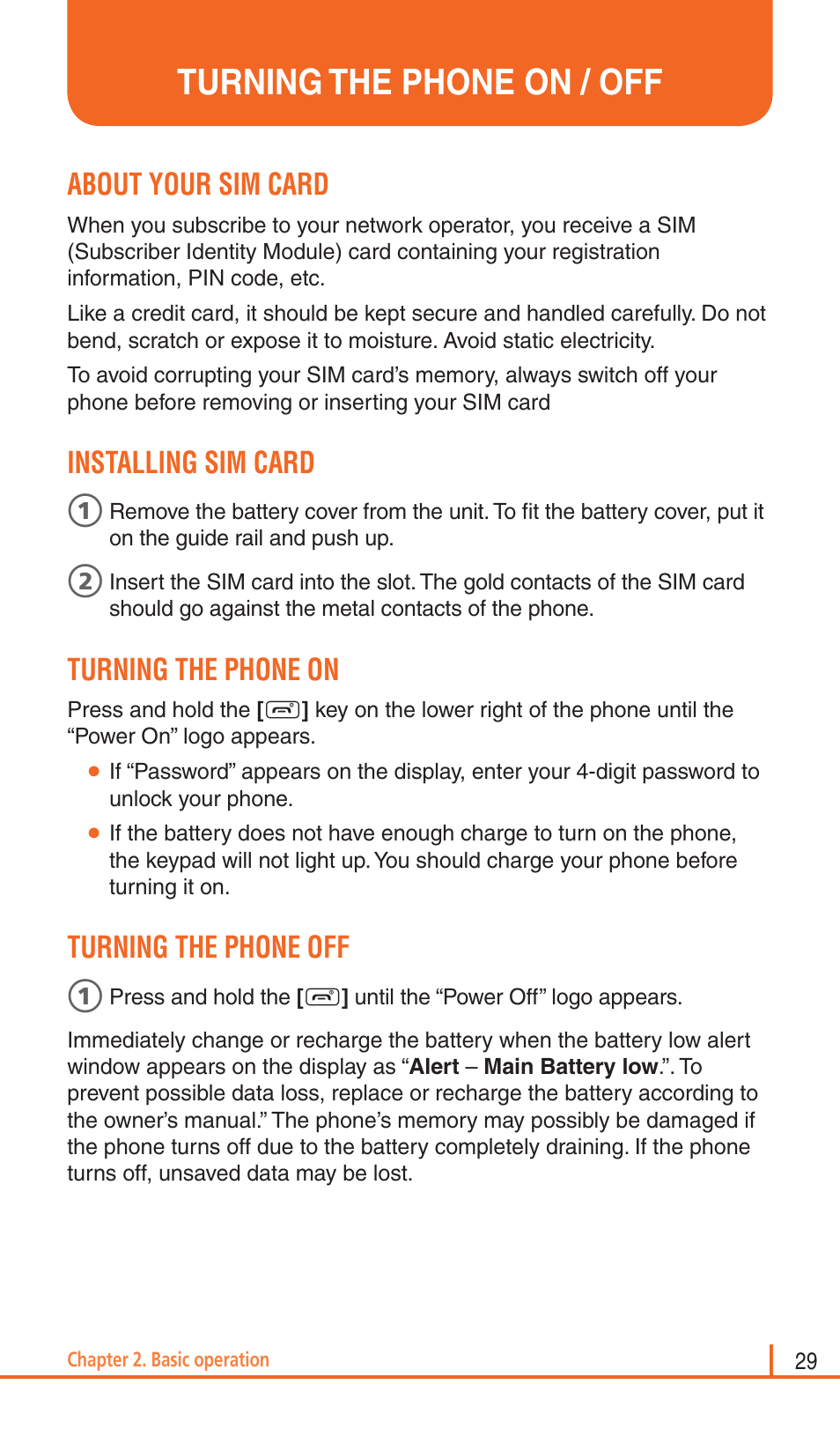 Turning the phone on / off, About your sim card, Installing sim card | Turning the phone on, Turning the phone off | Pantech Matrix Pro User Manual | Page 31 / 261