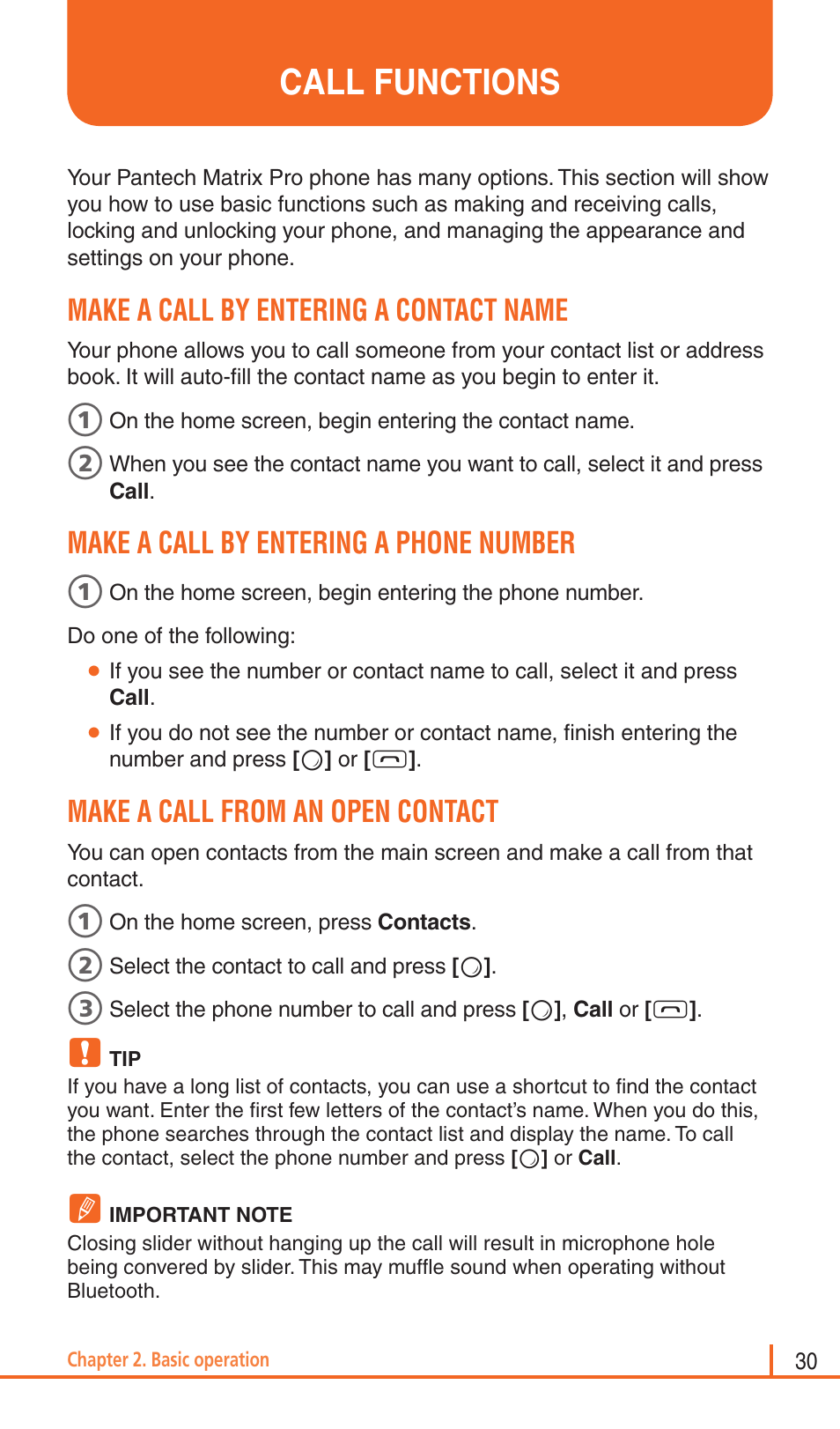 Call functions, Make a call by entering a contact name, Make a call by entering a phone number | Make a call from an open contact | Pantech Matrix Pro User Manual | Page 32 / 261