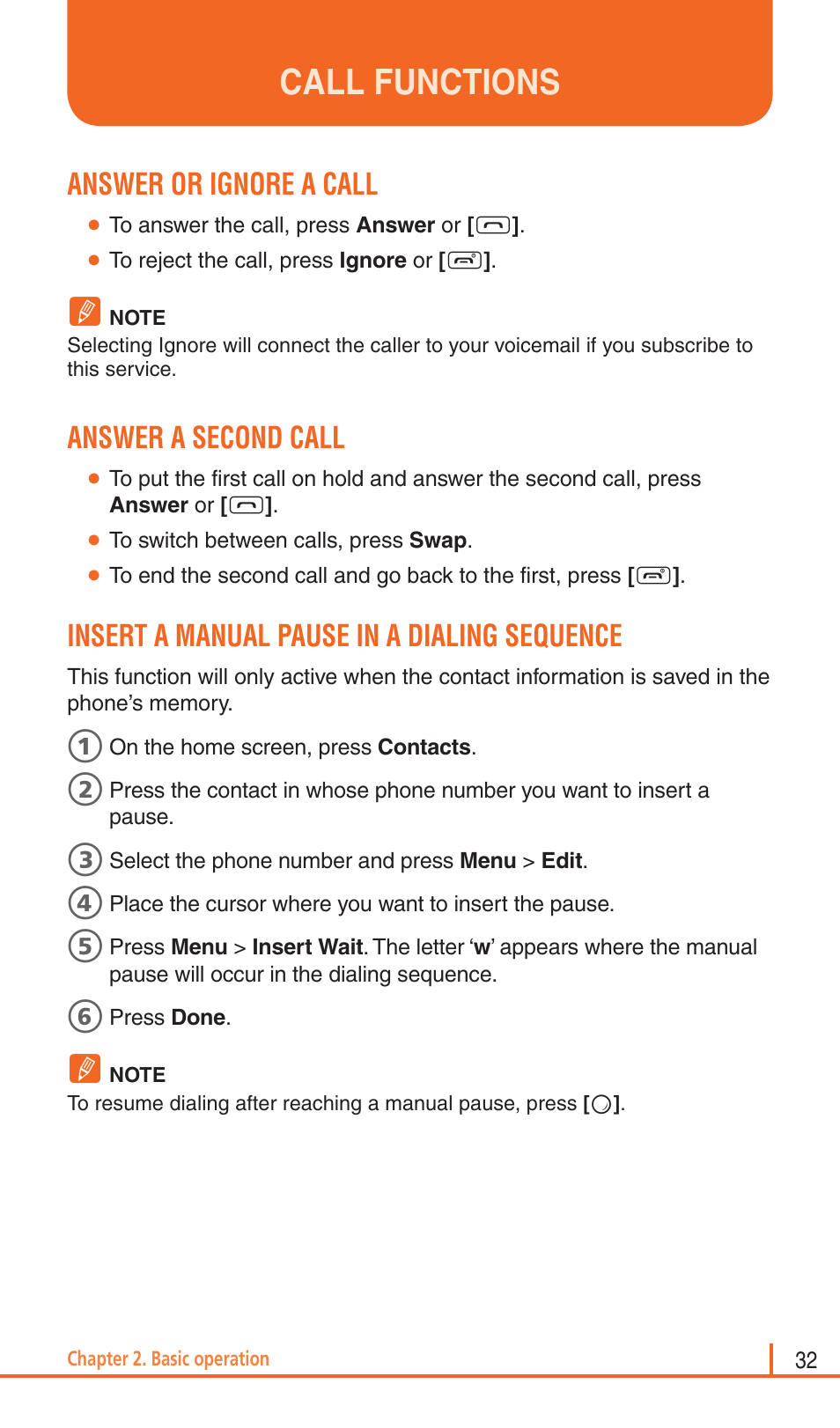 Call functions, Answer or ignore a call, Answer a second call | Insert a manual pause in a dialing sequence | Pantech Matrix Pro User Manual | Page 34 / 261