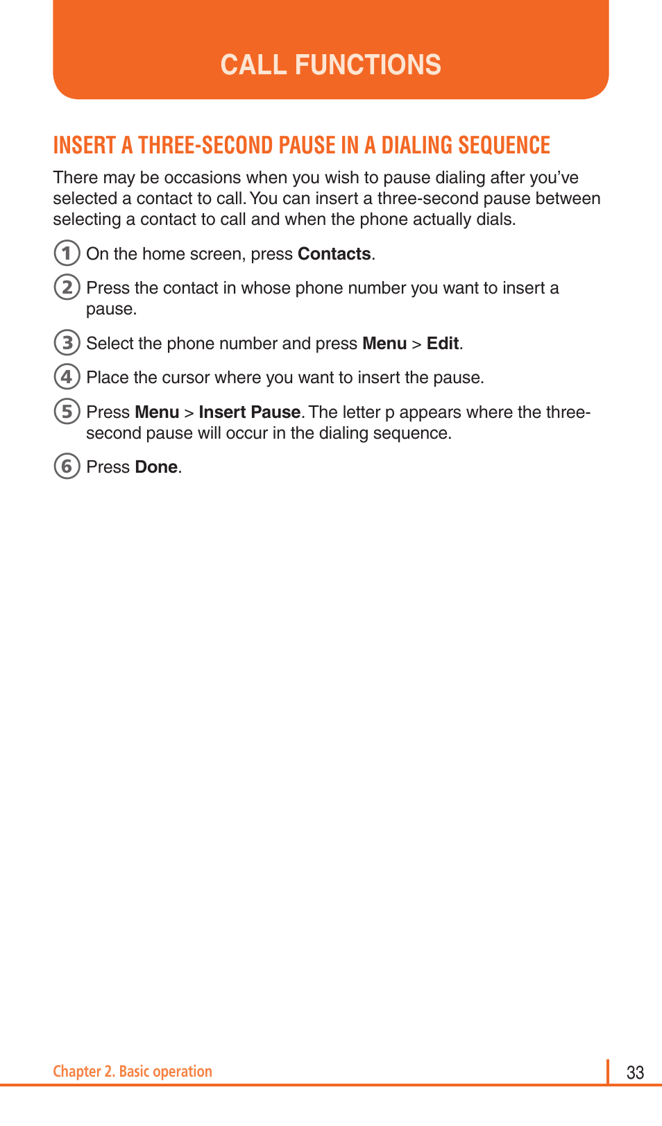 Call functions, Insert a three-second pause in a dialing sequence | Pantech Matrix Pro User Manual | Page 35 / 261