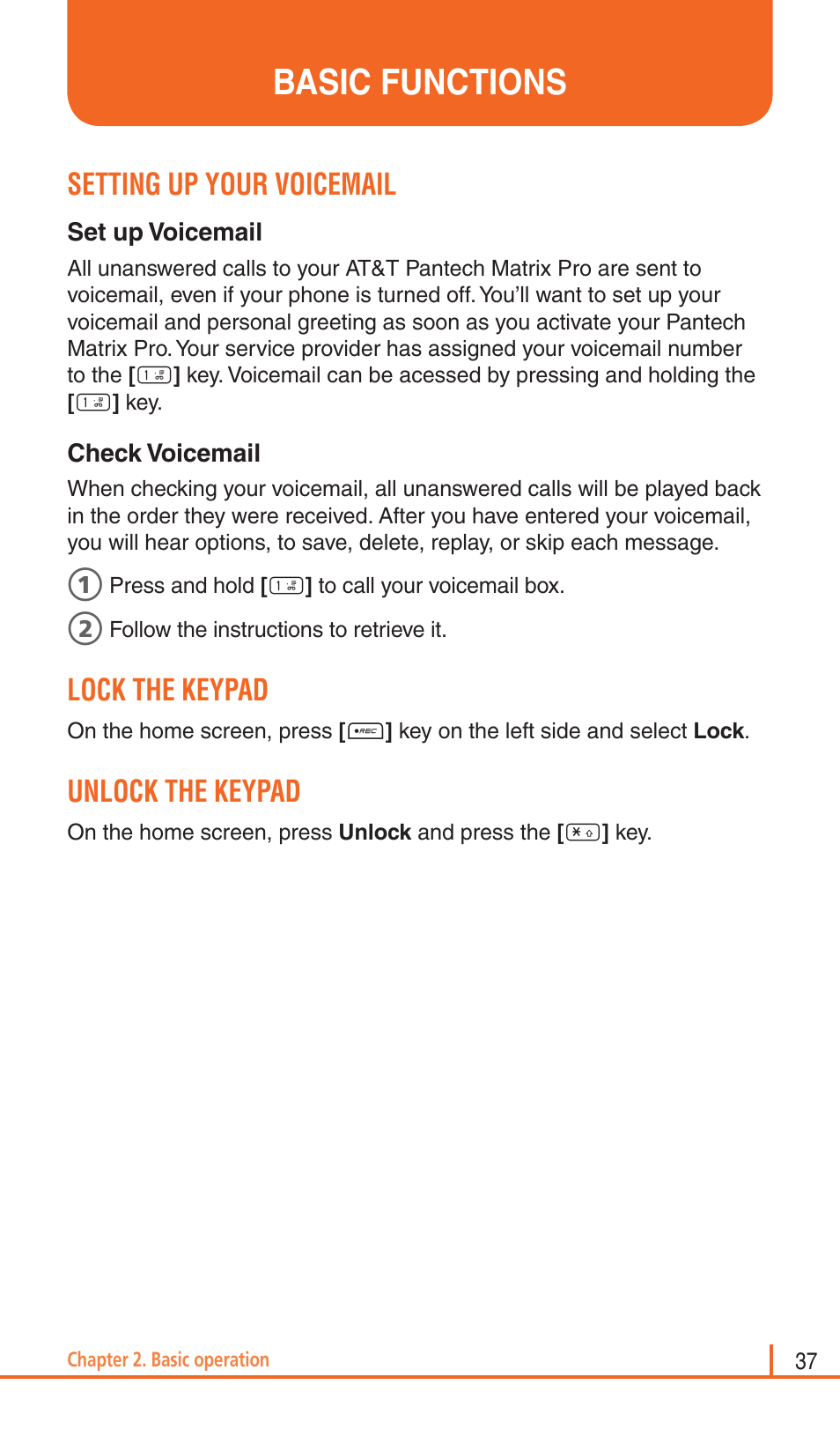 Basic functions, Setting up your voicemail, Lock the keypad | Unlock the keypad | Pantech Matrix Pro User Manual | Page 39 / 261