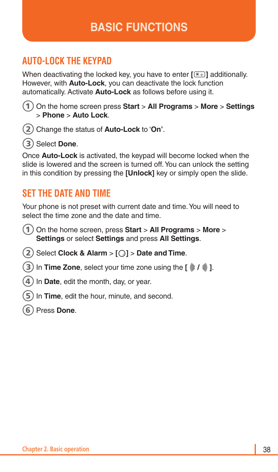 Basic functions, Auto-lock the keypad, Set the date and time | Pantech Matrix Pro User Manual | Page 40 / 261