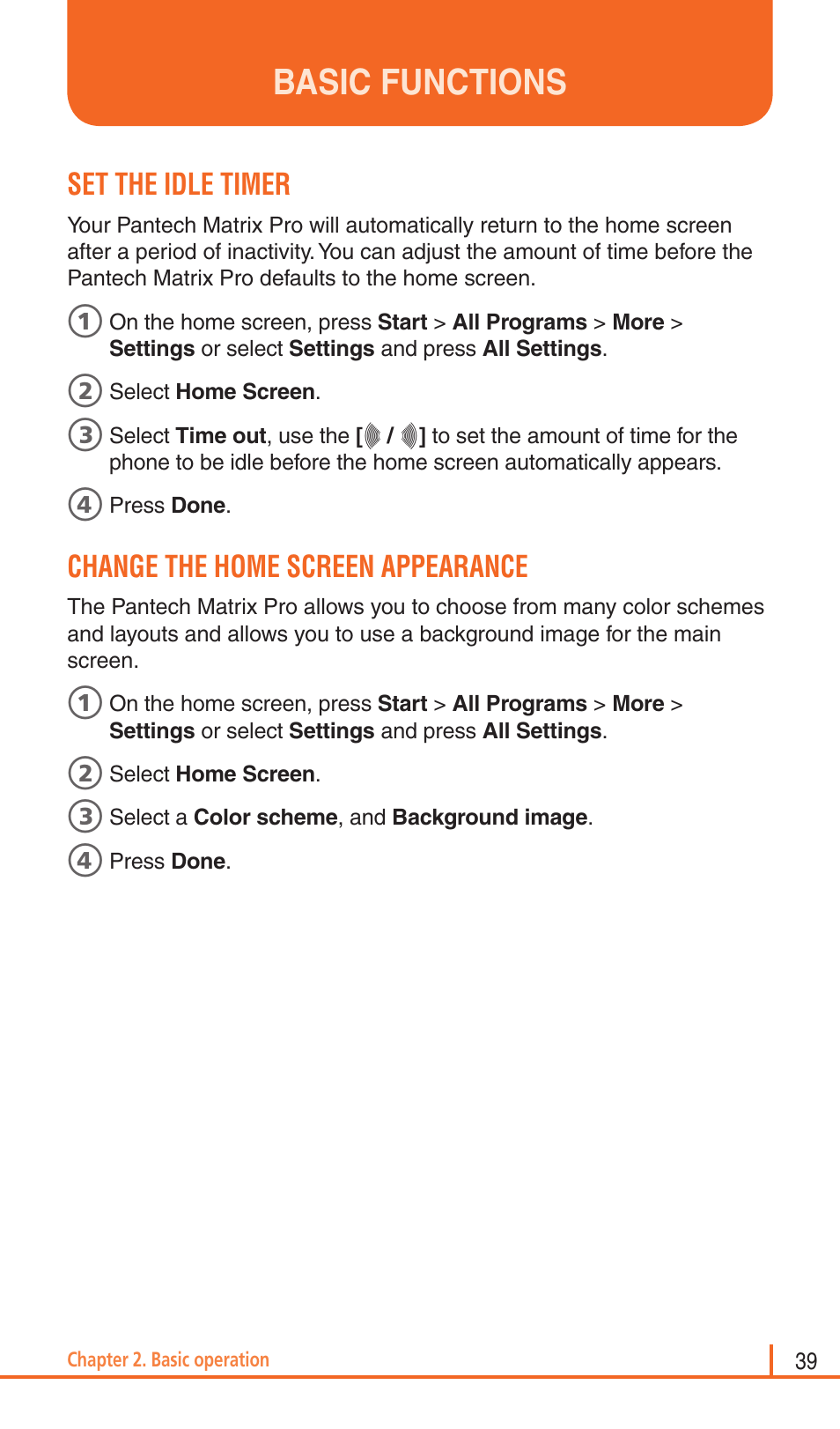 Basic functions, Set the idle timer, Change the home screen appearance | Pantech Matrix Pro User Manual | Page 41 / 261