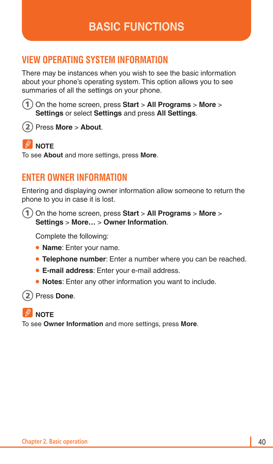 Basic functions, View operating system information, Enter owner information | Pantech Matrix Pro User Manual | Page 42 / 261