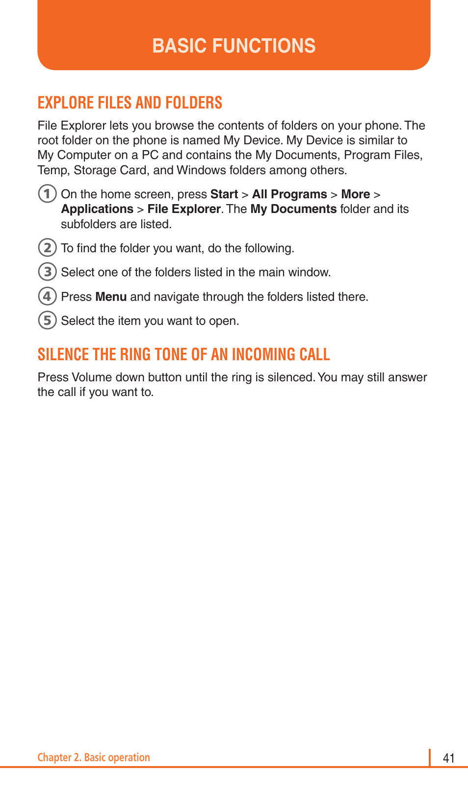 Basic functions, Explore files and folders, Silence the ring tone of an incoming call | Pantech Matrix Pro User Manual | Page 43 / 261