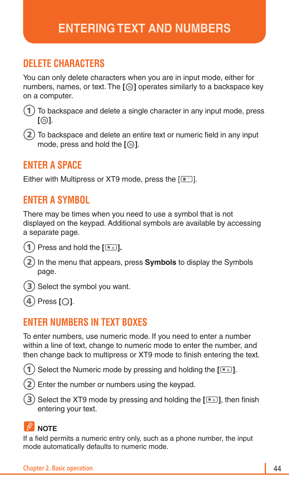 Entering text and numbers, Delete characters, Enter a space | Enter a symbol, Enter numbers in text boxes | Pantech Matrix Pro User Manual | Page 46 / 261