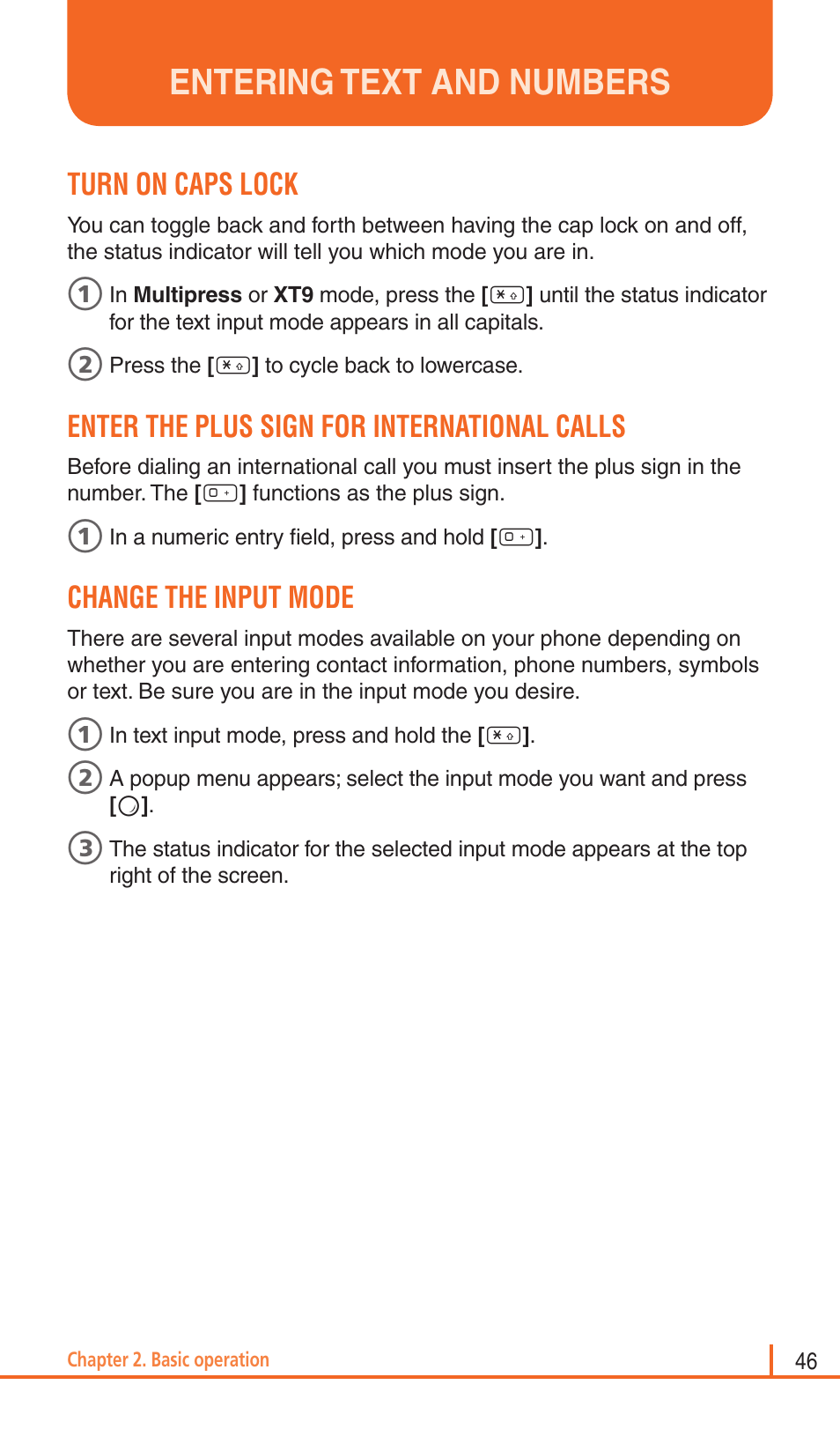 Entering text and numbers, Turn on caps lock, Enter the plus sign for international calls | Change the input mode | Pantech Matrix Pro User Manual | Page 48 / 261