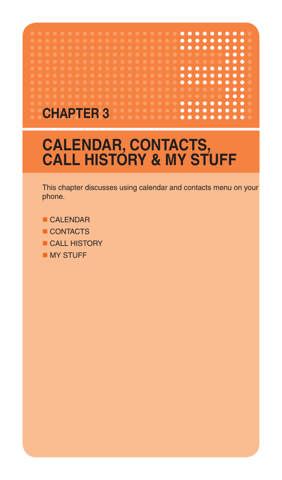 Calendar, contacts, call history & my stuff, Chapter 3 | Pantech Matrix Pro User Manual | Page 49 / 261