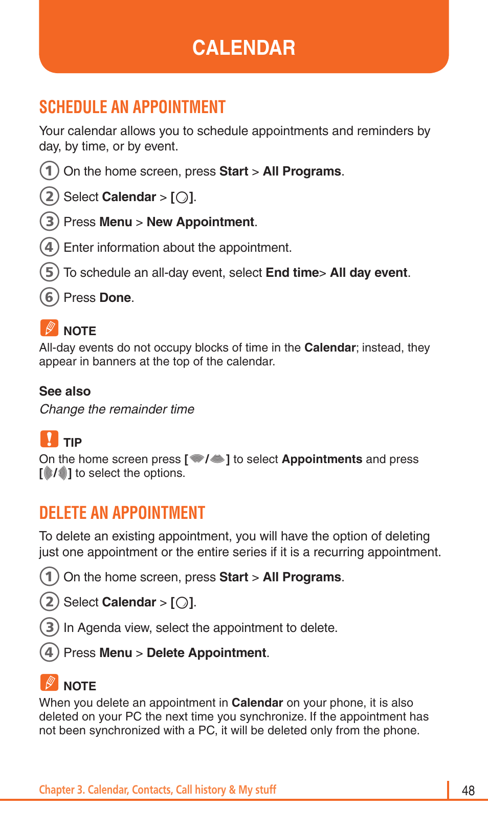 Calendar, Schedule an appointment, Delete an appointment | Pantech Matrix Pro User Manual | Page 50 / 261