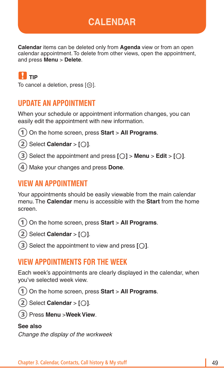 Calendar, Update an appointment, View an appointment | View appointments for the week | Pantech Matrix Pro User Manual | Page 51 / 261