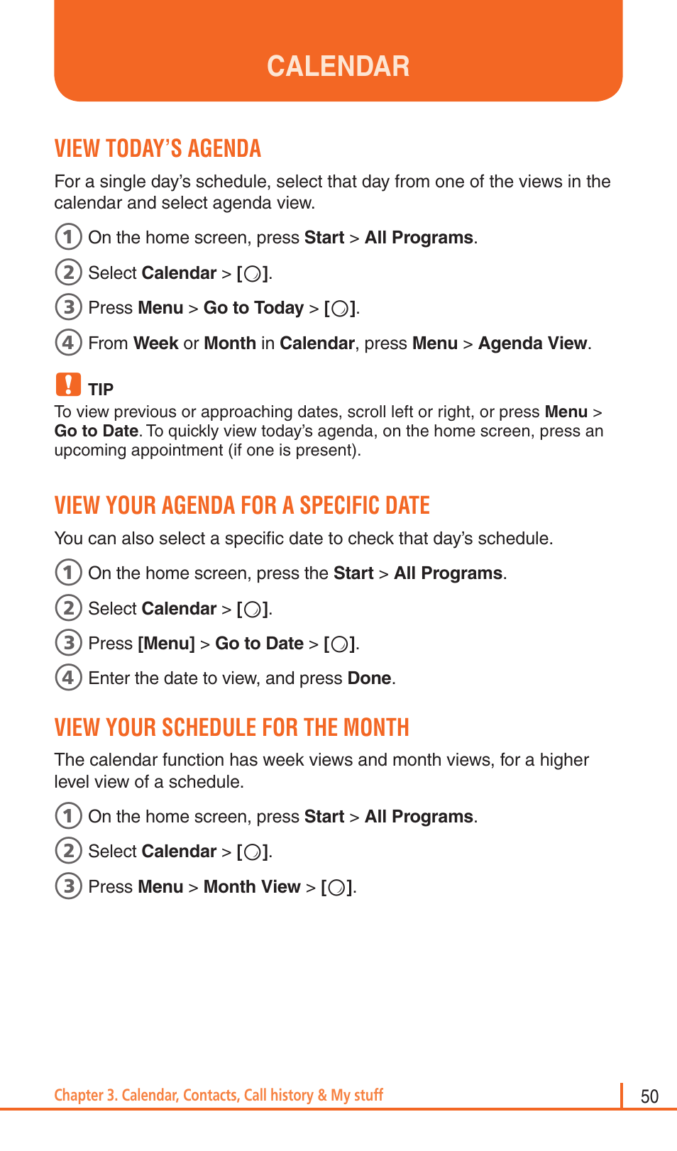 Calendar, View today’s agenda, View your agenda for a specific date | View your schedule for the month | Pantech Matrix Pro User Manual | Page 52 / 261