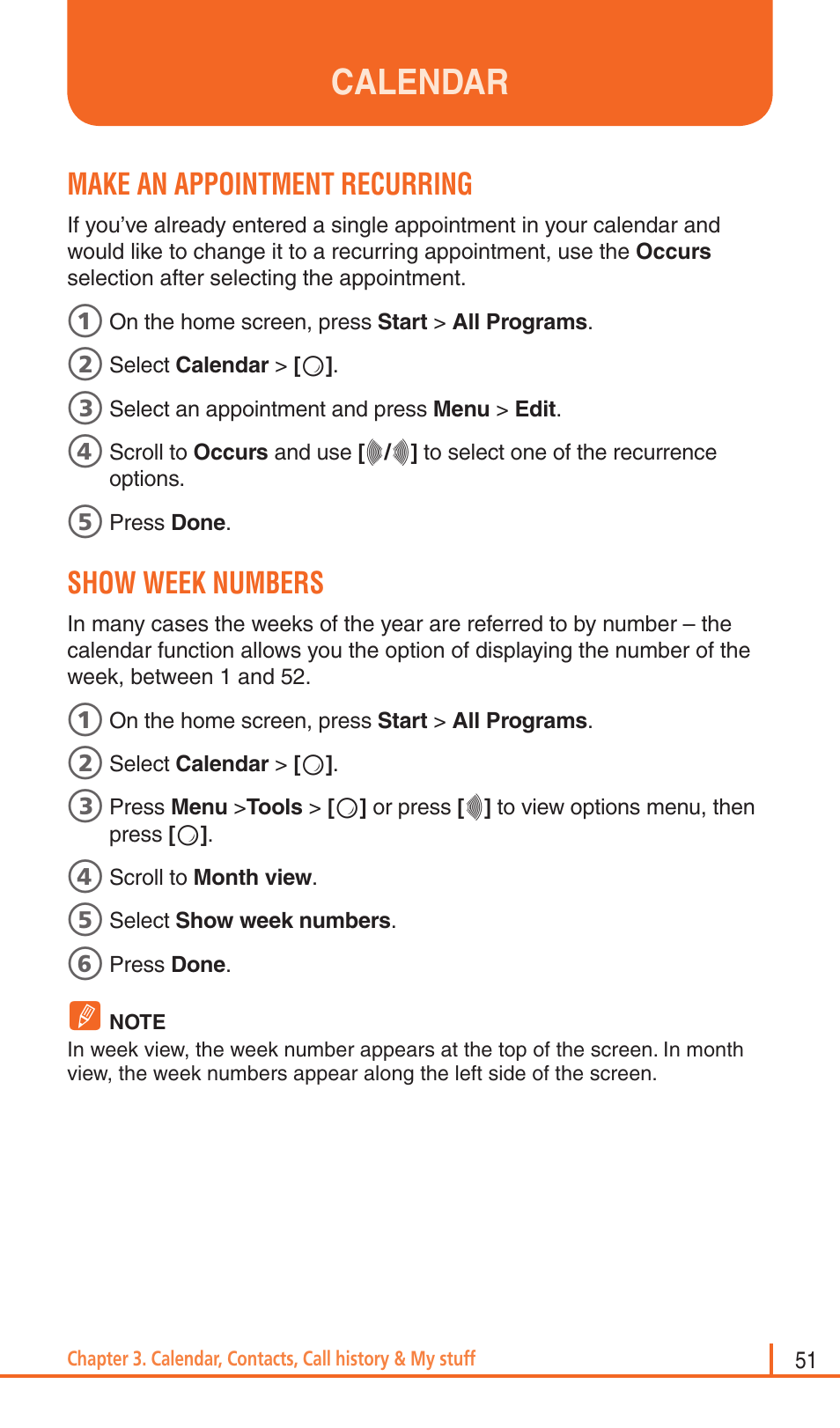 Calendar, Make an appointment recurring, Show week numbers | Pantech Matrix Pro User Manual | Page 53 / 261