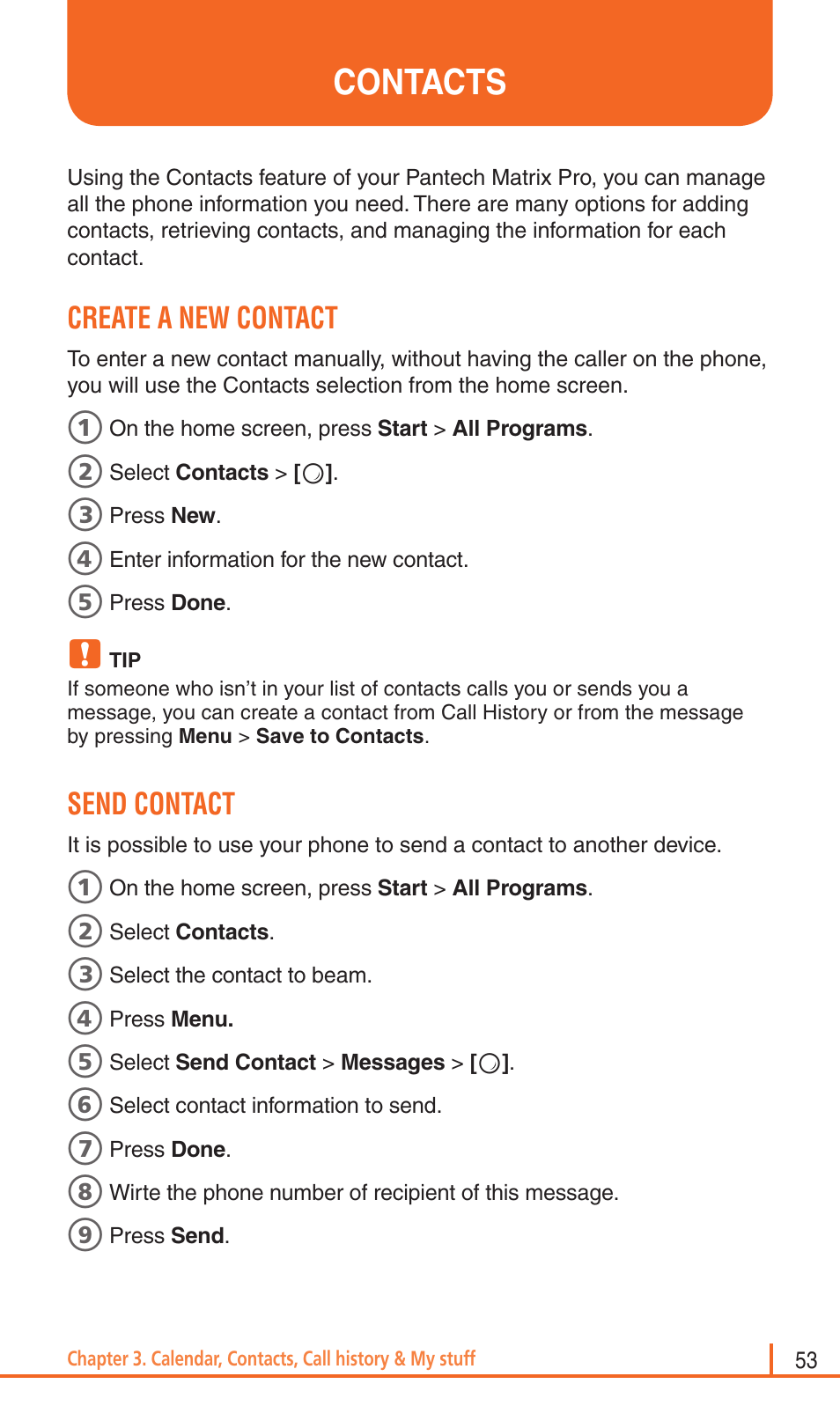 Contacts, Create a new contact, Send contact | Pantech Matrix Pro User Manual | Page 55 / 261