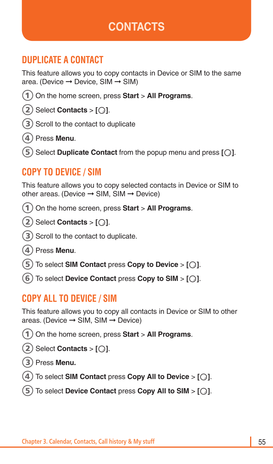 Contacts, Duplicate a contact, Copy to device / sim | Copy all to device / sim | Pantech Matrix Pro User Manual | Page 57 / 261