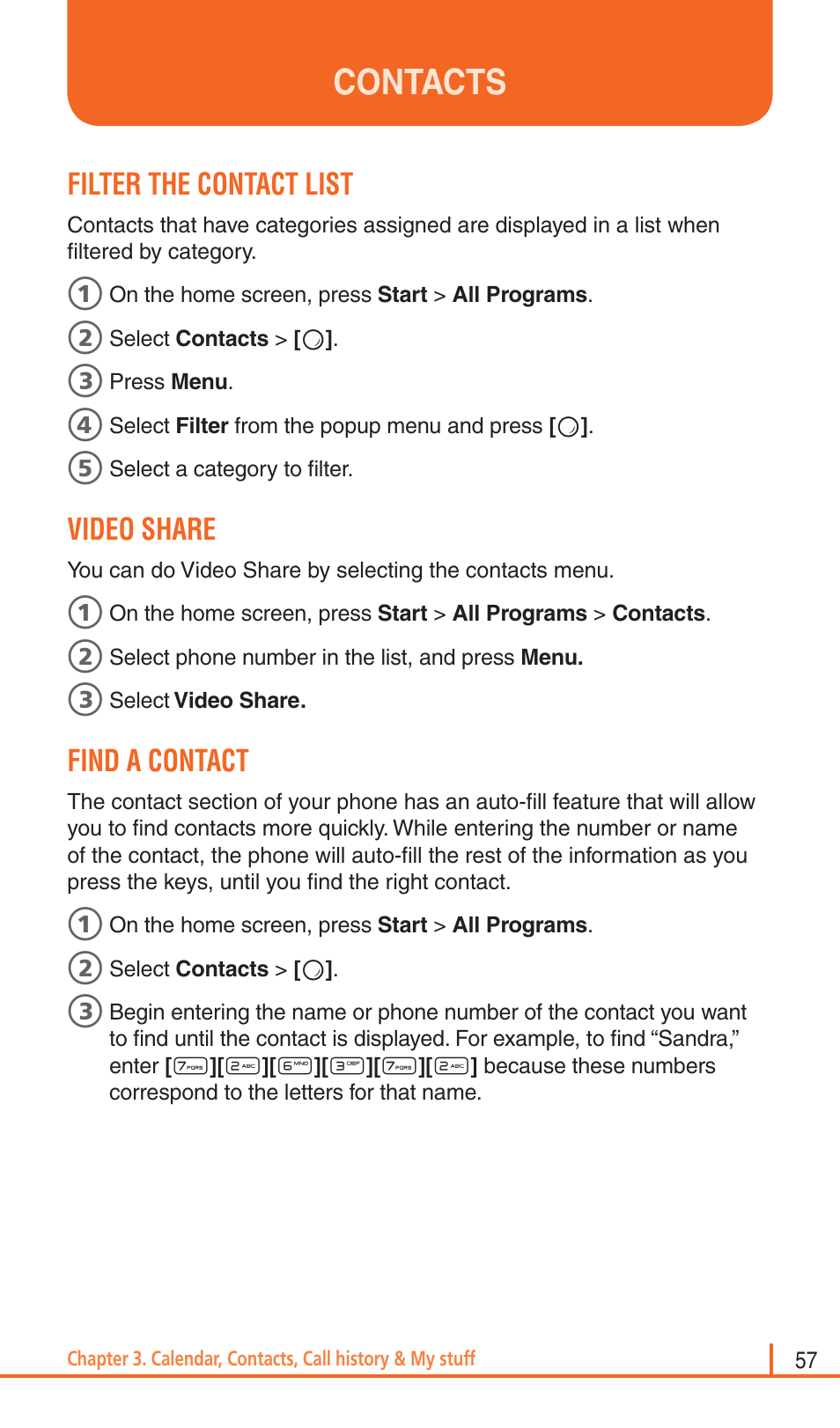 Contacts, Filter the contact list, Video share | Find a contact | Pantech Matrix Pro User Manual | Page 59 / 261