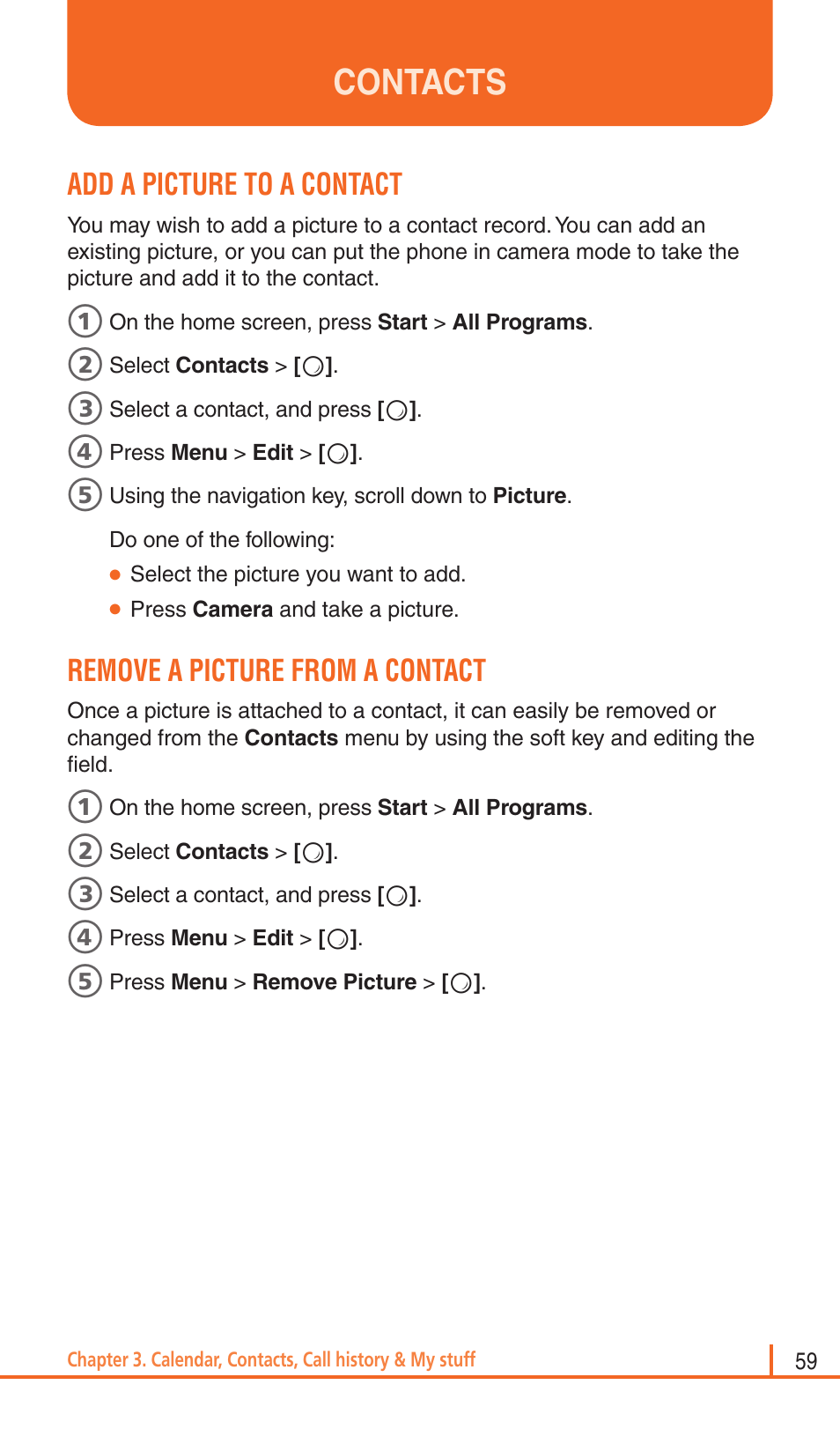 Contacts, Add a picture to a contact, Remove a picture from a contact | Pantech Matrix Pro User Manual | Page 61 / 261