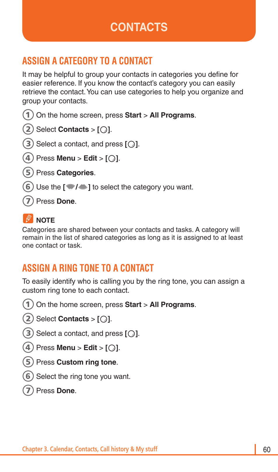 Contacts, Assign a category to a contact, Assign a ring tone to a contact | Pantech Matrix Pro User Manual | Page 62 / 261