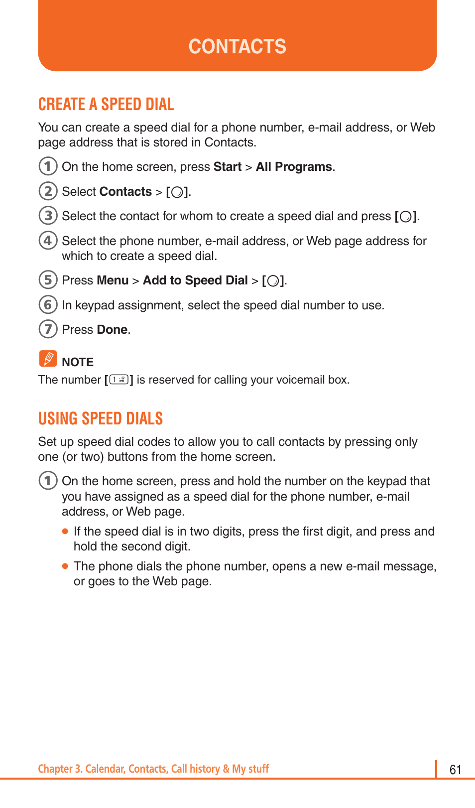 Contacts, Create a speed dial, Using speed dials | Pantech Matrix Pro User Manual | Page 63 / 261