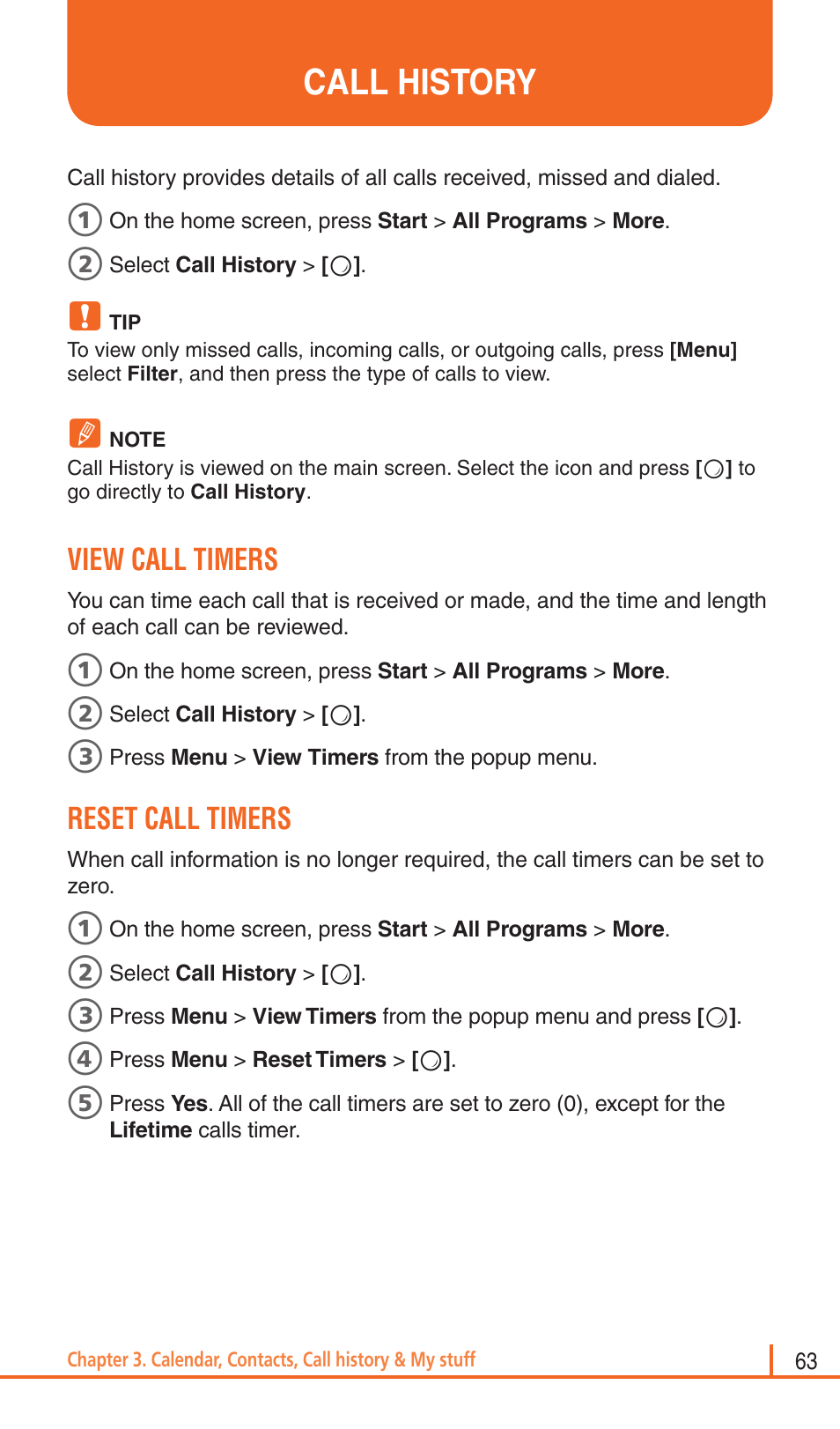 Call history, View call timers, Reset call timers | Pantech Matrix Pro User Manual | Page 65 / 261