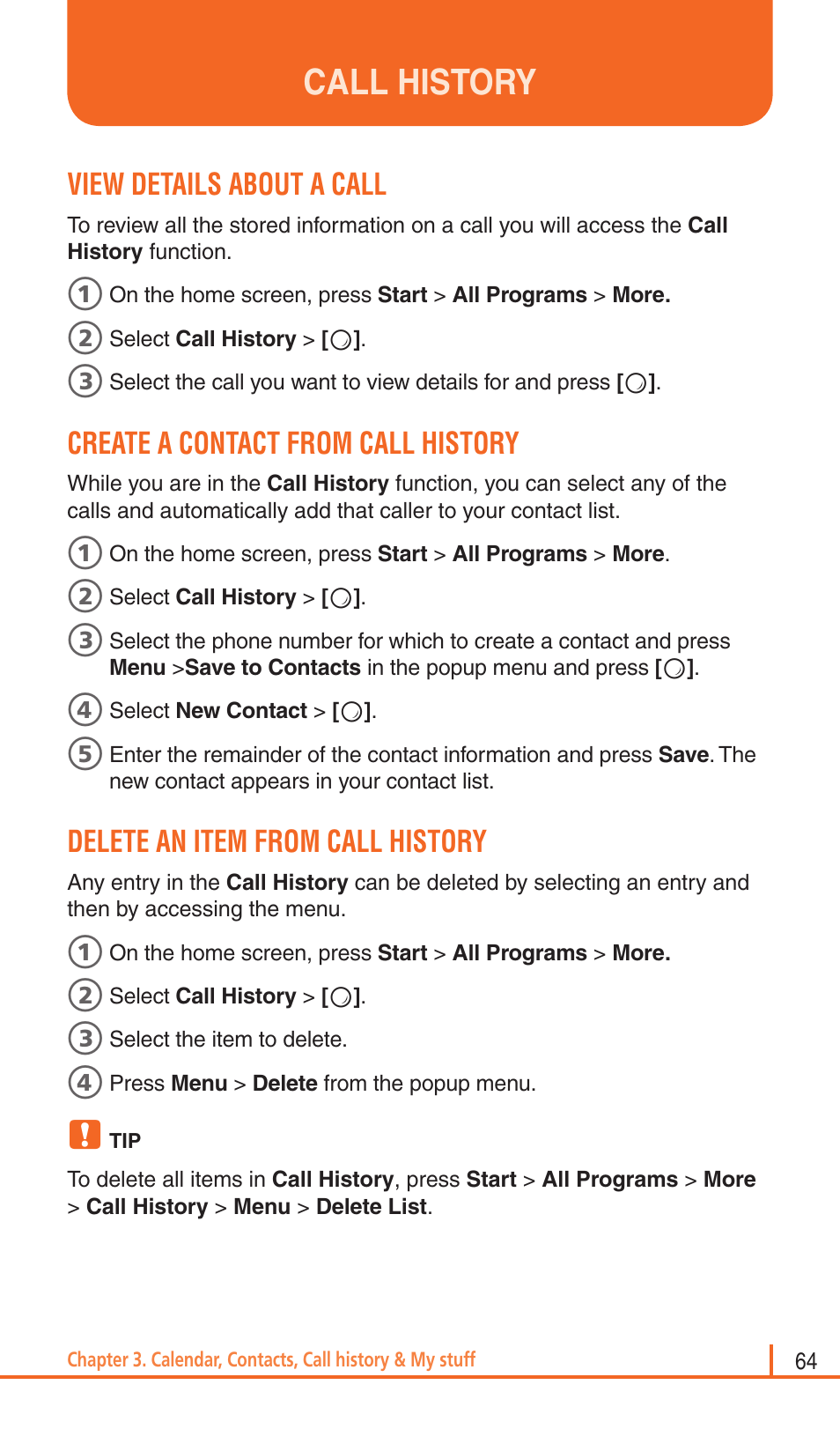 Call history, View details about a call, Create a contact from call history | Delete an item from call history | Pantech Matrix Pro User Manual | Page 66 / 261