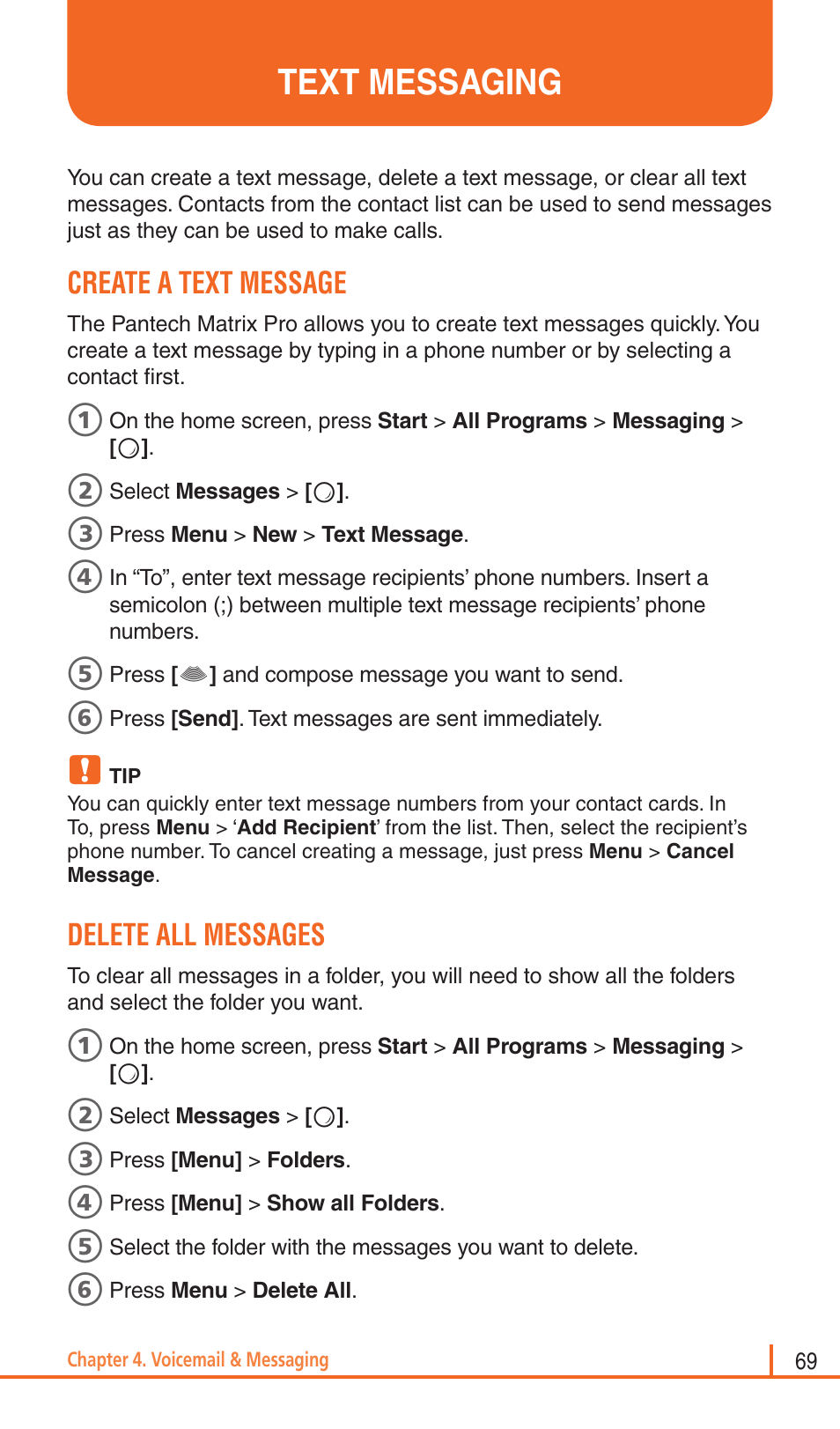 Text messaging, Create a text message, Delete all messages | Pantech Matrix Pro User Manual | Page 71 / 261