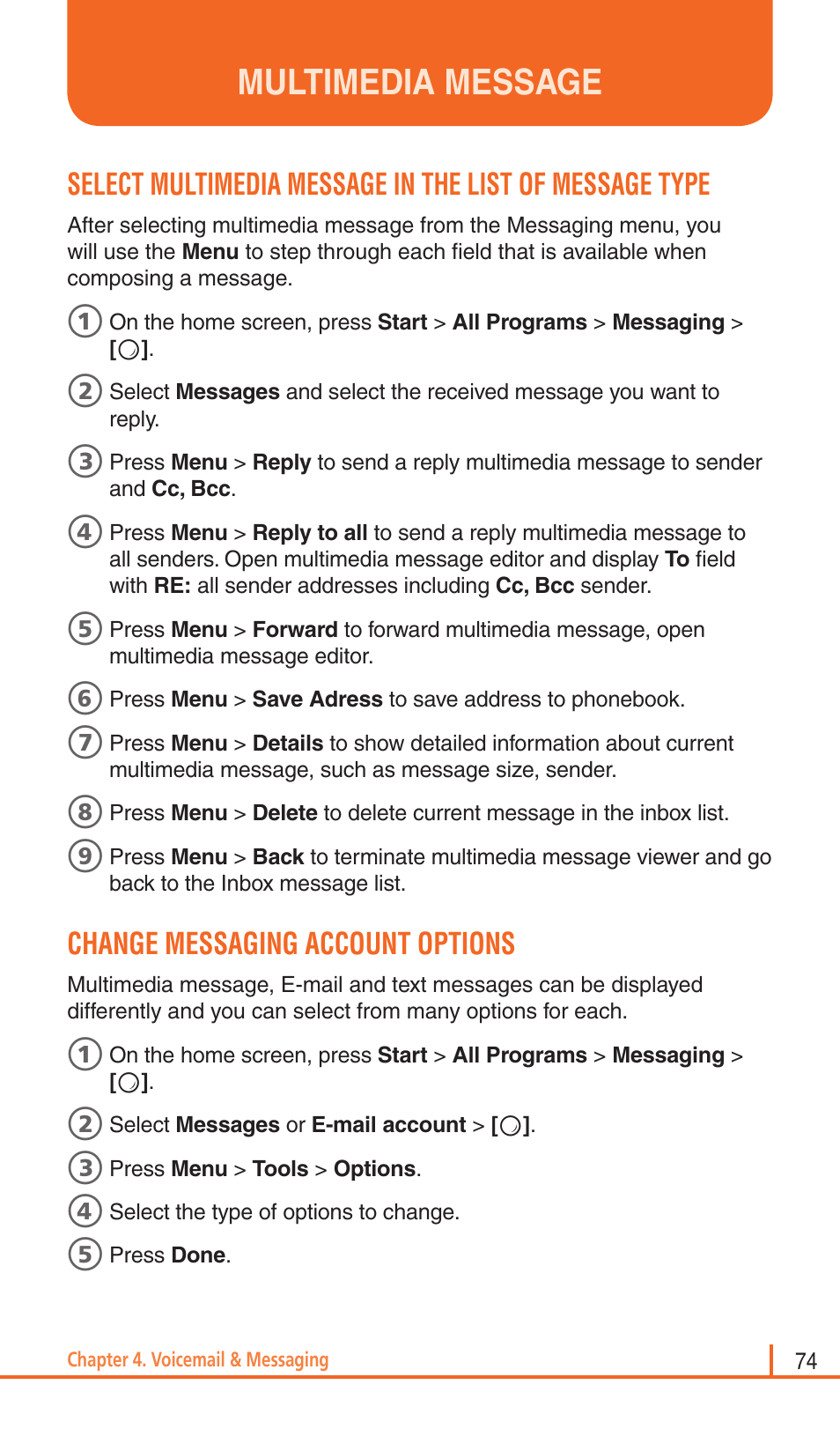 Multimedia message, Change messaging account options | Pantech Matrix Pro User Manual | Page 76 / 261