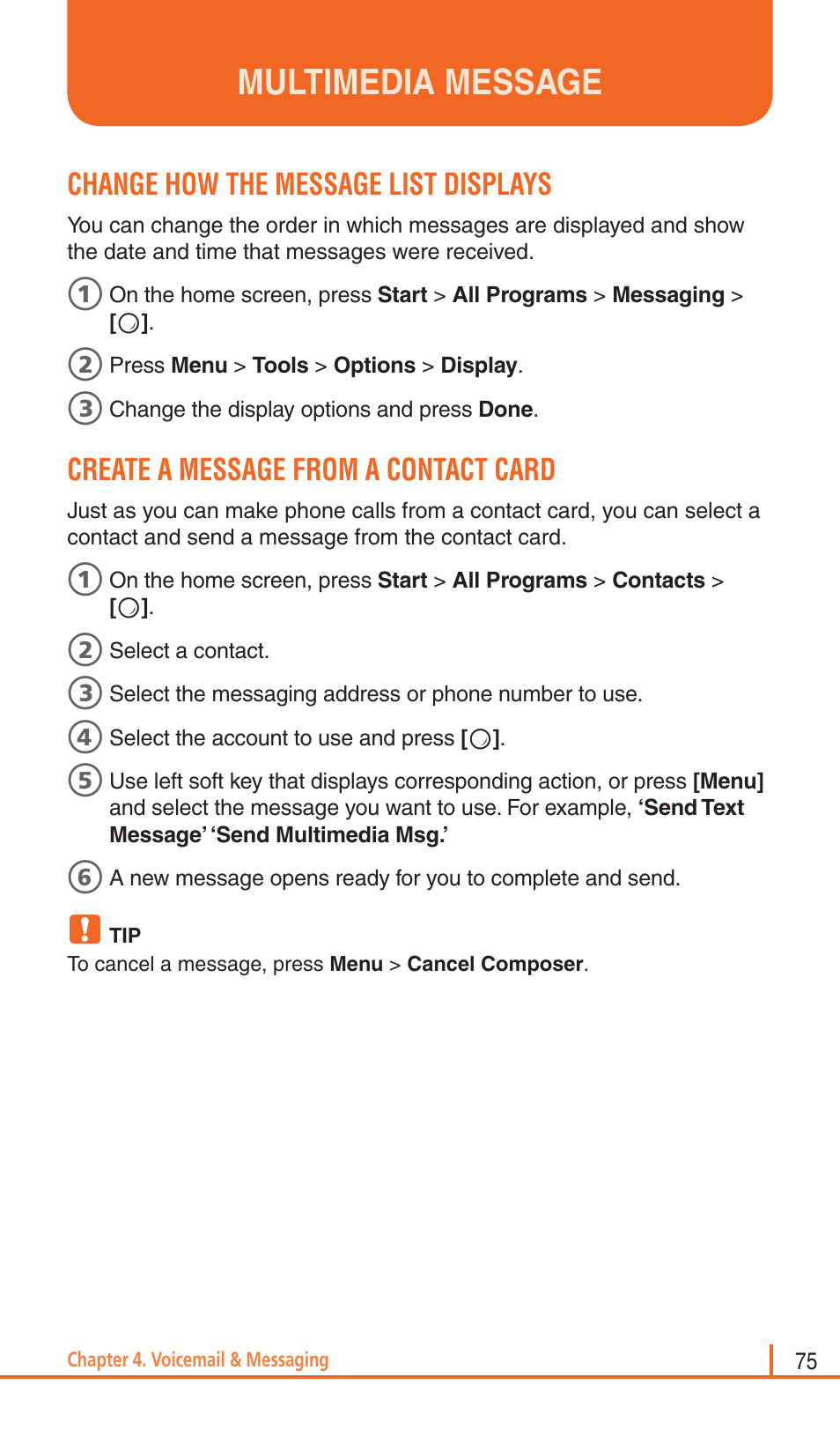 Multimedia message, Change how the message list displays, Create a message from a contact card | Pantech Matrix Pro User Manual | Page 77 / 261