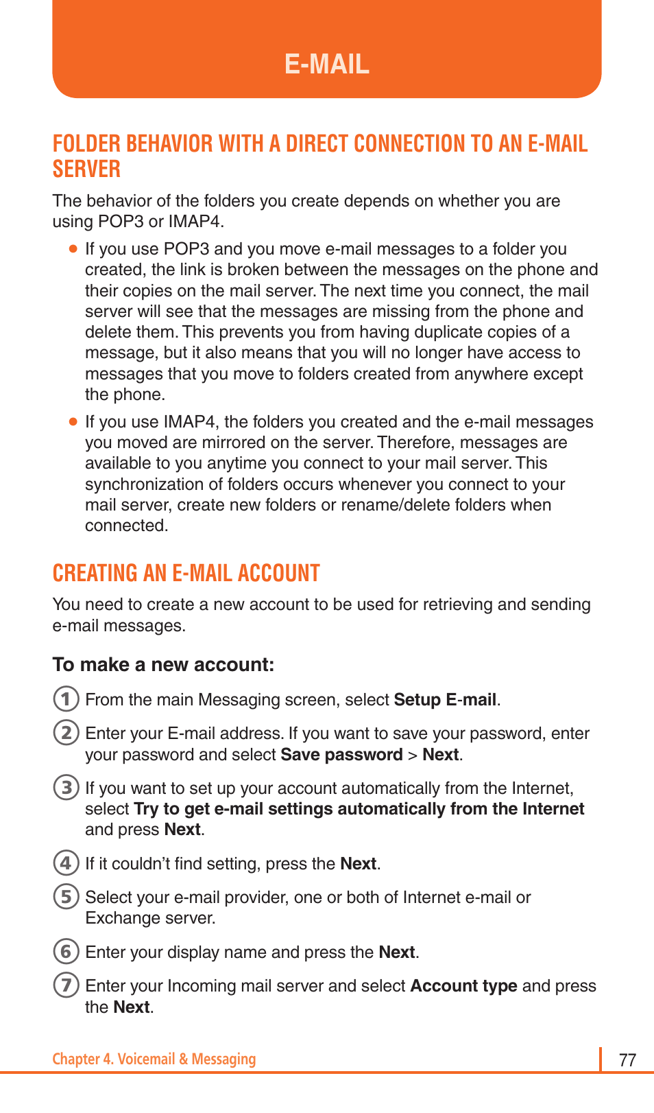 E-mail, Creating an e-mail account | Pantech Matrix Pro User Manual | Page 79 / 261