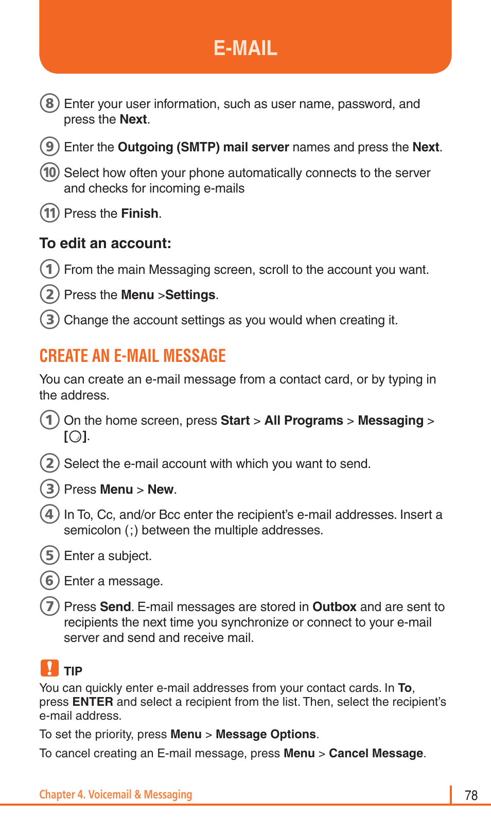E-mail, Create an e-mail message | Pantech Matrix Pro User Manual | Page 80 / 261