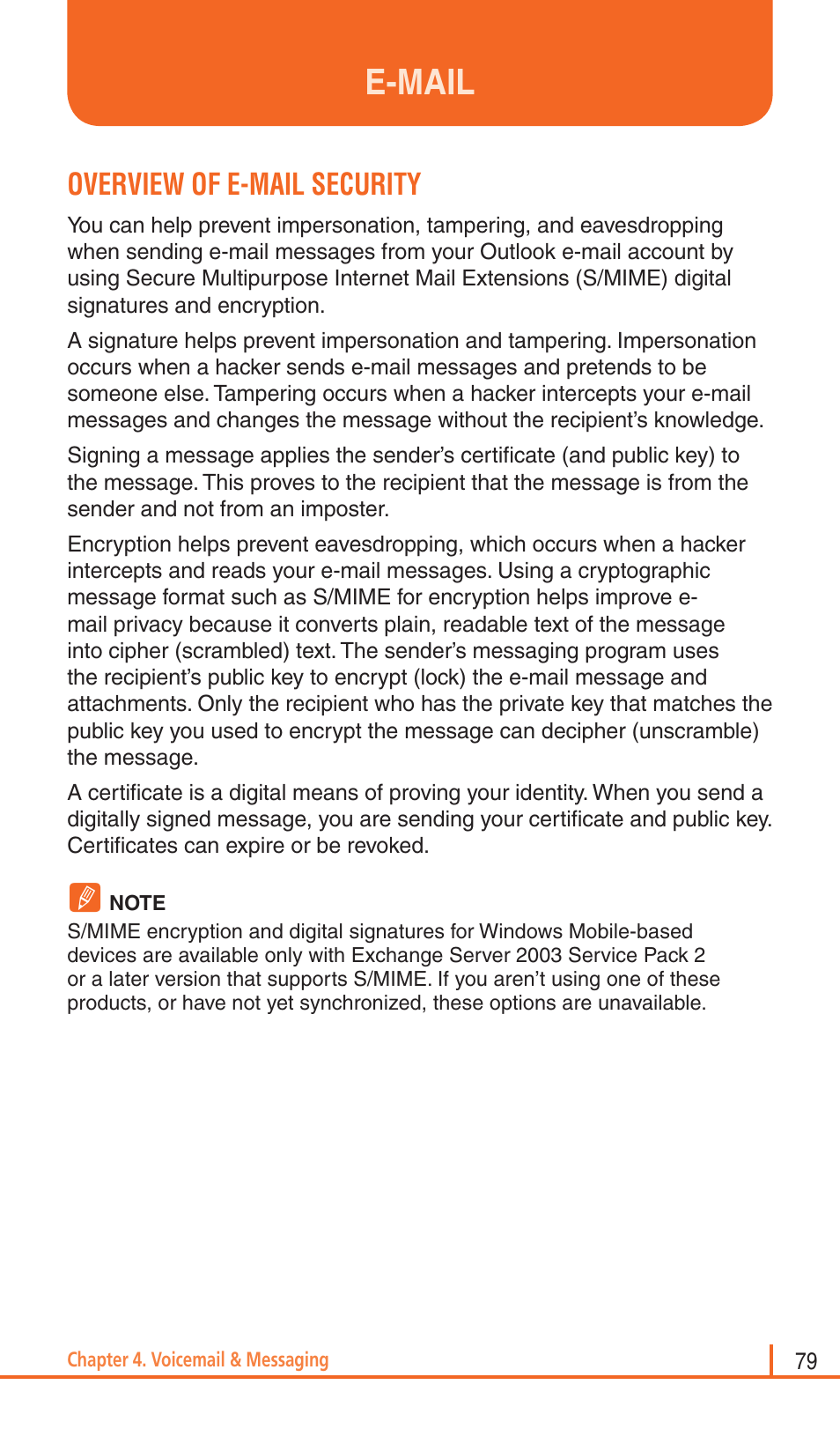 E-mail, Overview of e-mail security | Pantech Matrix Pro User Manual | Page 81 / 261